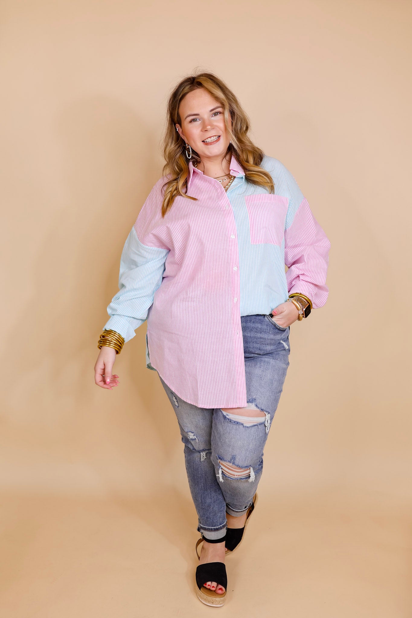 Simply Polished Pin Stripe Long Sleeve Button Up Top in Blue and Pink - Giddy Up Glamour Boutique