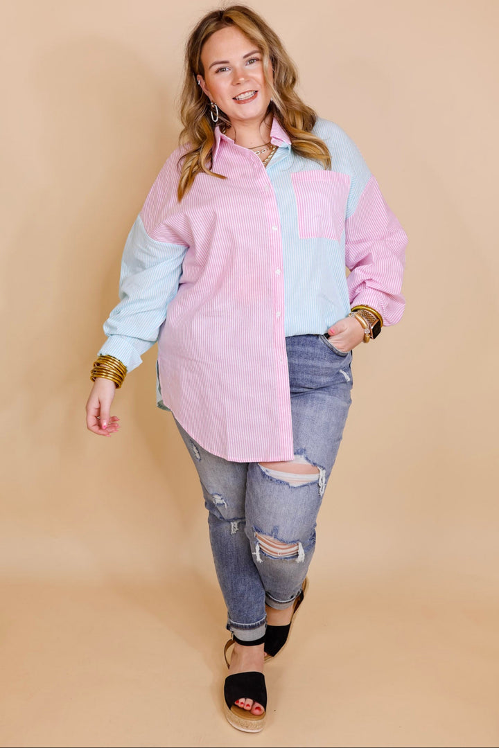 Simply Polished Pin Stripe Long Sleeve Button Up Top in Blue and Pink - Giddy Up Glamour Boutique