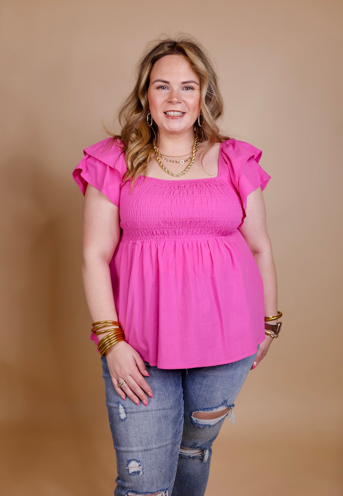 Celebrate Good Times Smocked Babydoll Top in Pink - Giddy Up Glamour Boutique