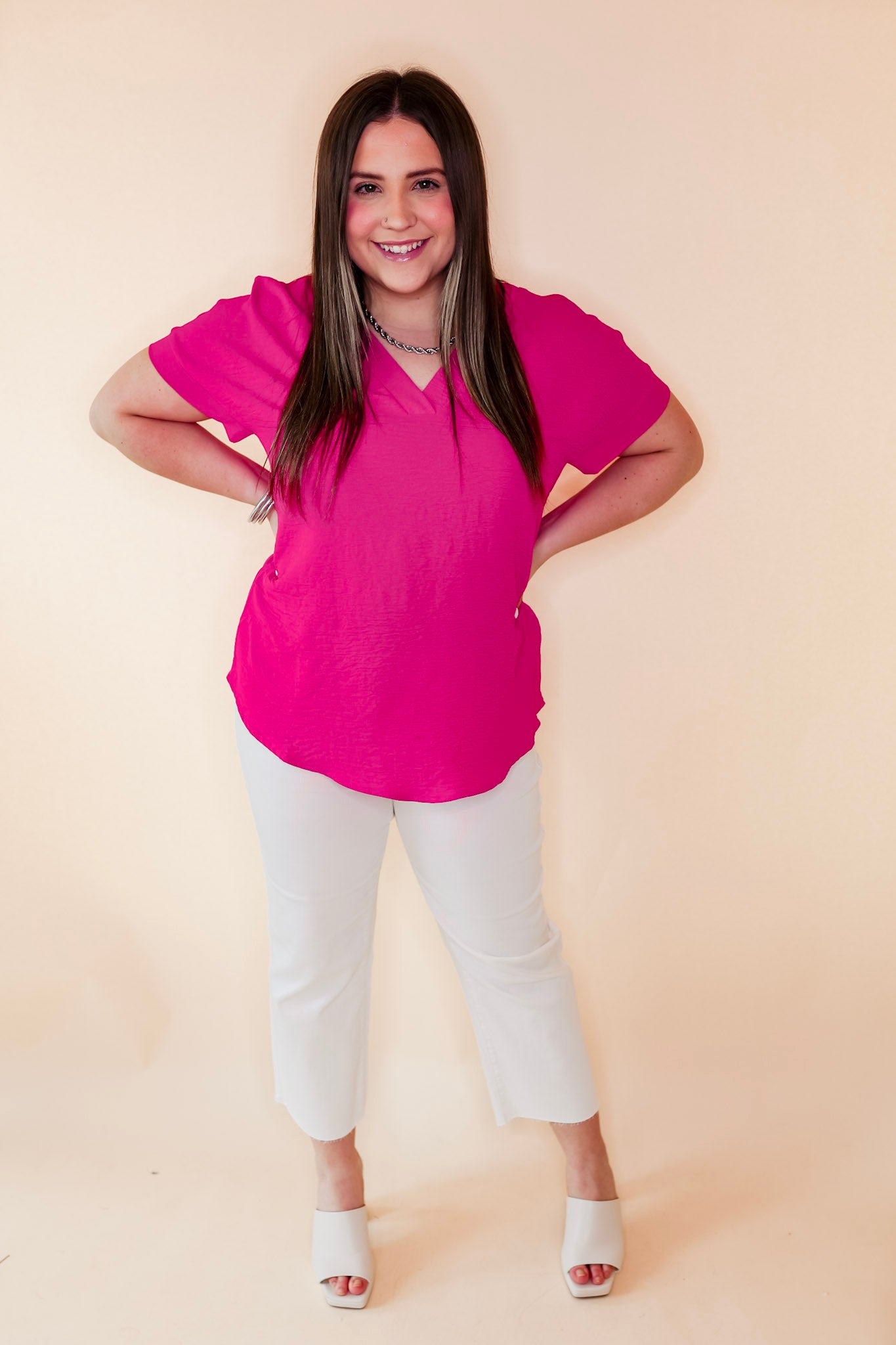 Cause To Celebrate V Neck Short Sleeve Top in Hot Pink - Giddy Up Glamour Boutique