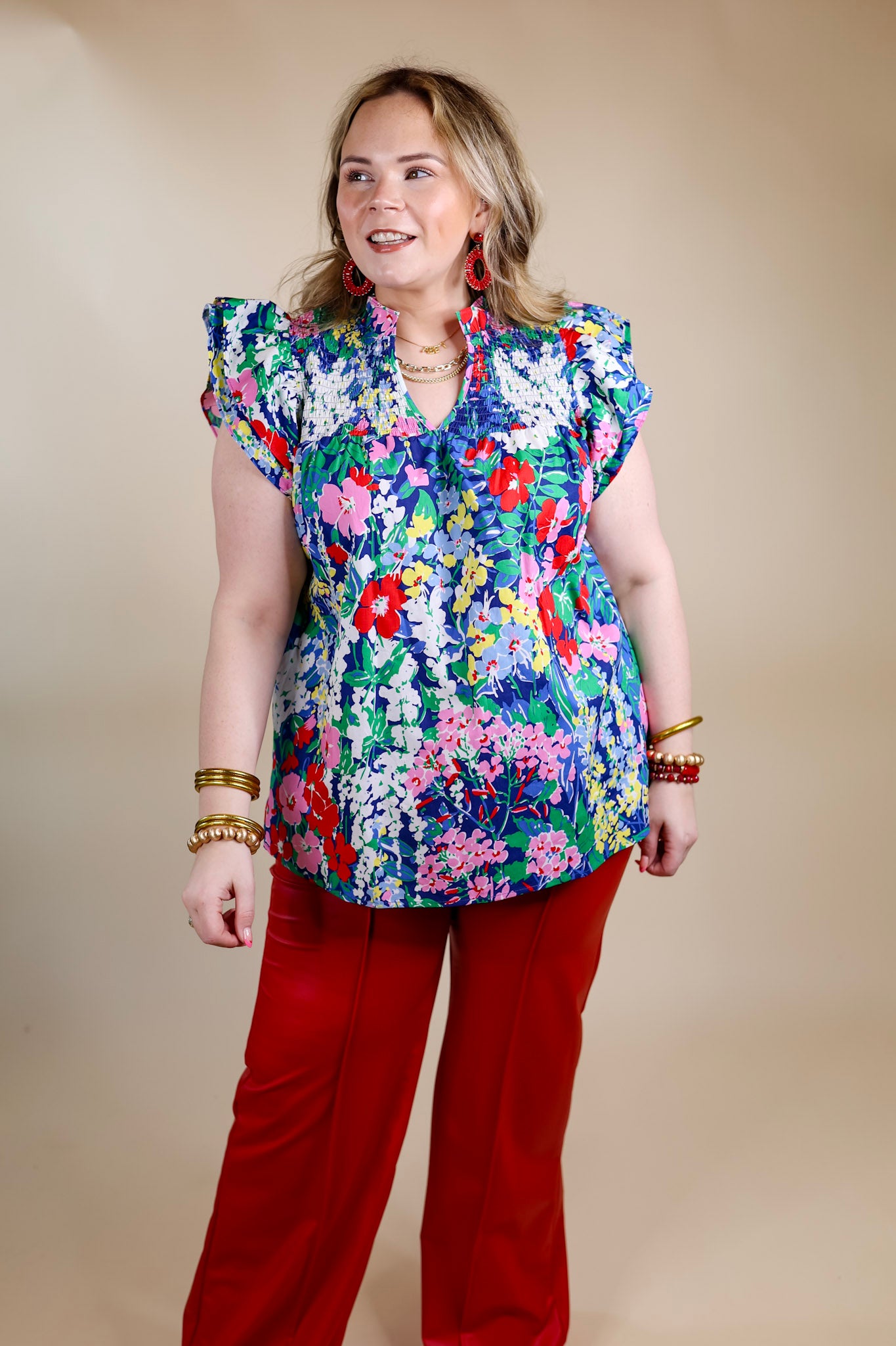 Lovely Line Up Floral Print Top with Ruffle Cap Sleeves in Blue Mix - Giddy Up Glamour Boutique