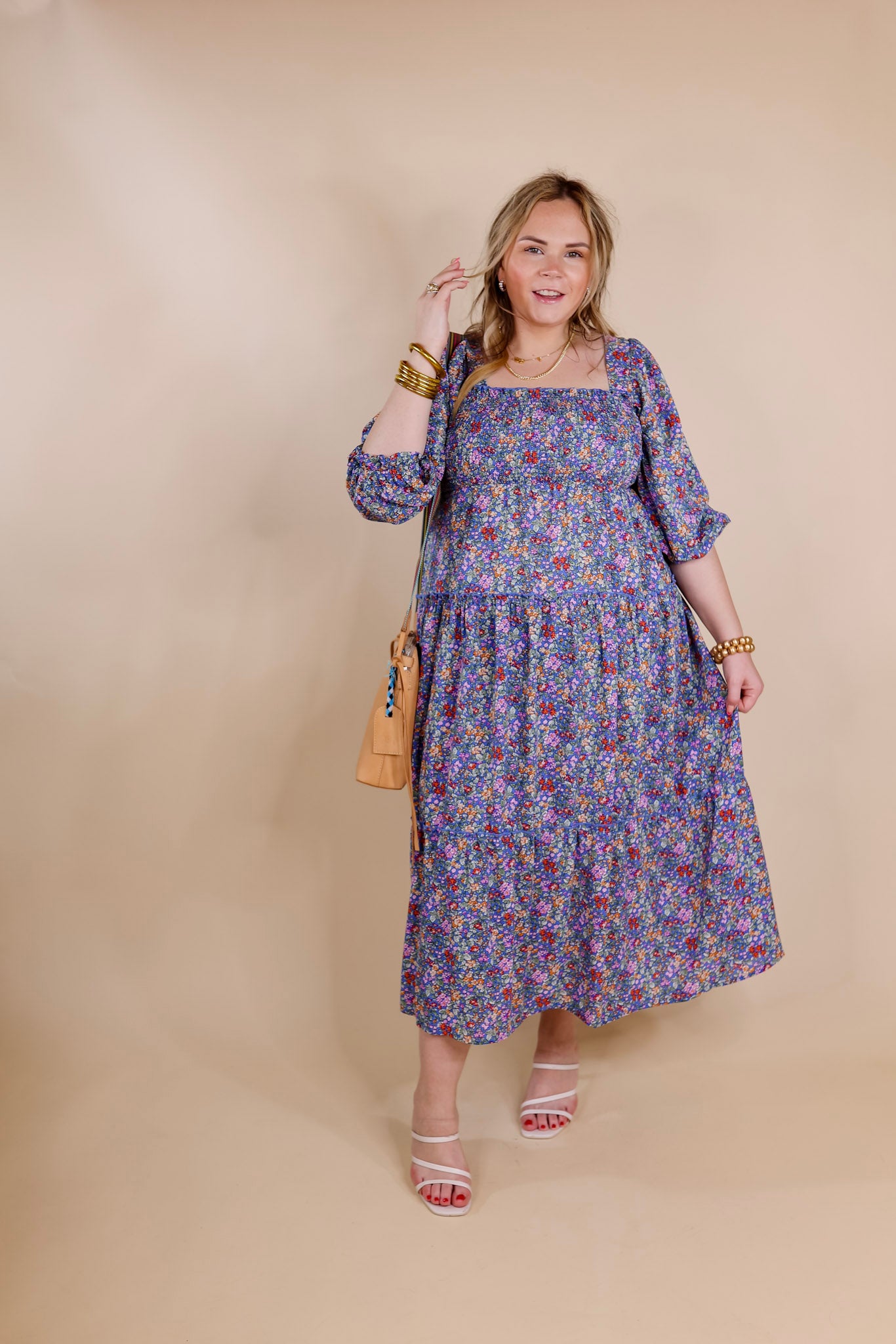 Spring Blooms Smocked Floral Maxi Dress in Blue - Giddy Up Glamour Boutique