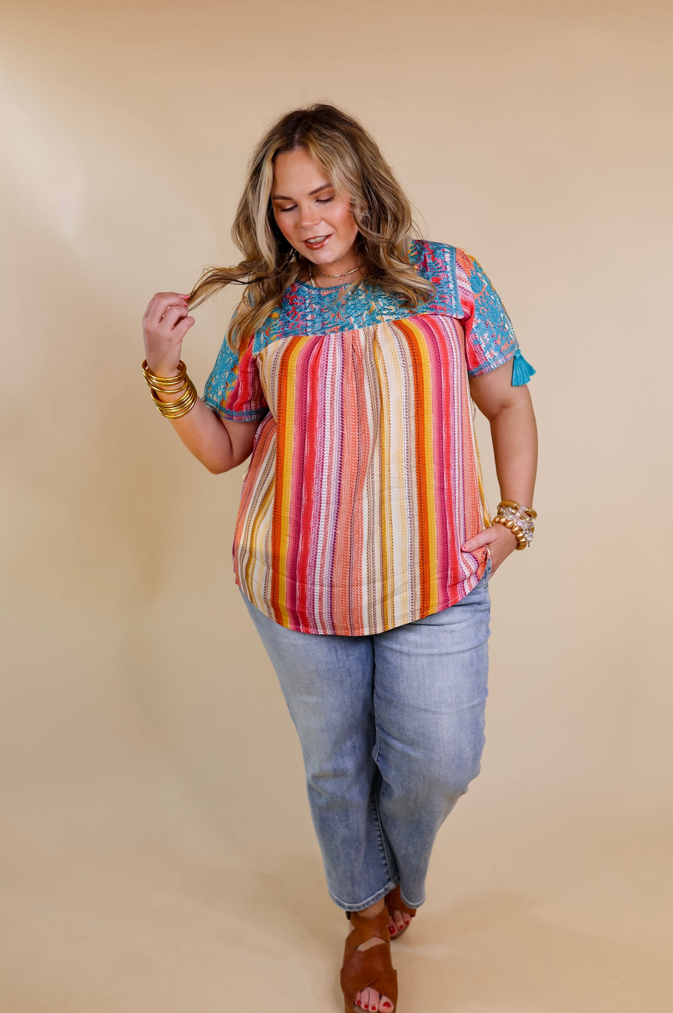 Sweet And Charming Serape Print Top with Blue Floral Embroidery - Giddy Up Glamour Boutique