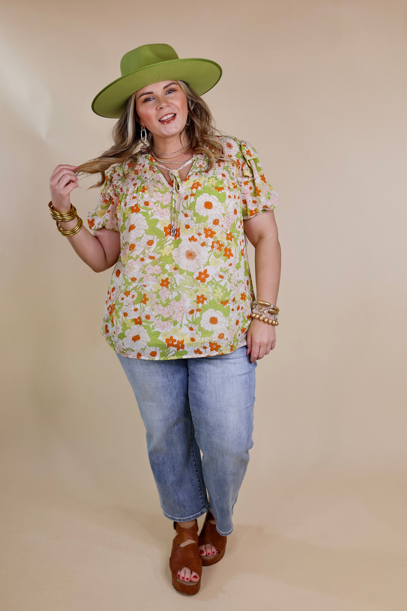 Daily Basis Front Keyhole Floral Top in Ivory and Green - Giddy Up Glamour Boutique