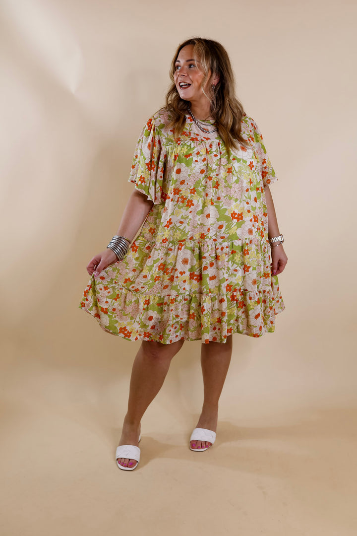 State of Bliss Ruffle Tiered Floral Dress in Lime Green and Orange - Giddy Up Glamour Boutique