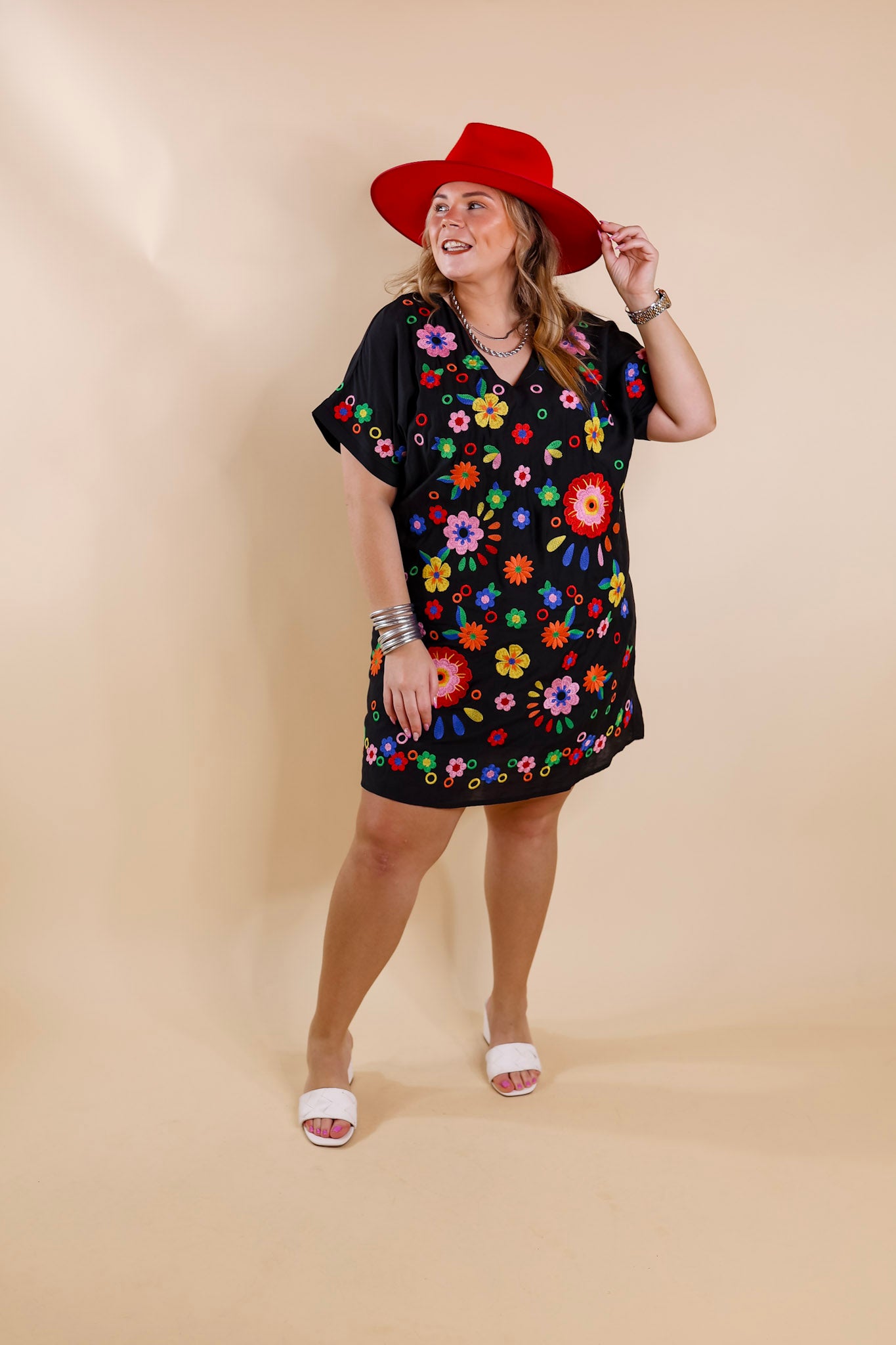 New In Town Floral Embroidered Short Sleeve Dress in Black - Giddy Up Glamour Boutique