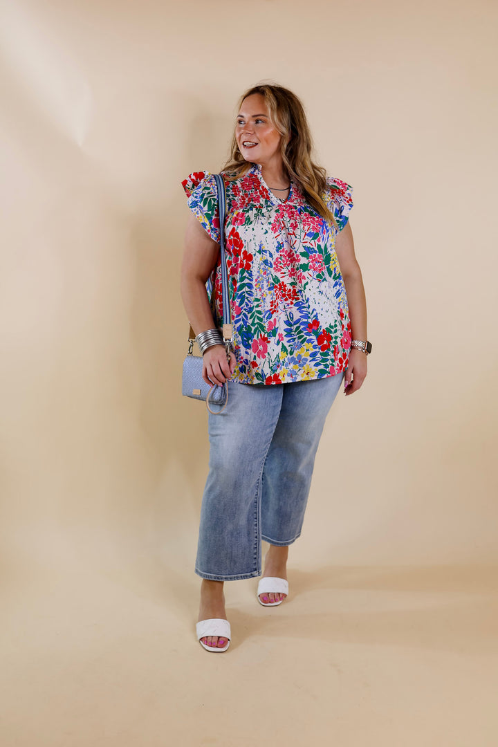 Lovely Line Up Floral Print with Ruffle Cap Sleeves in Ivory Mix - Giddy Up Glamour Boutique