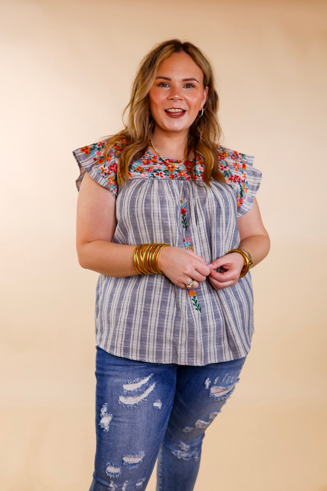 Sweet Success Floral Embroidered Striped Top with Ruffle Cap Sleeves in Dusty Blue - Giddy Up Glamour Boutique