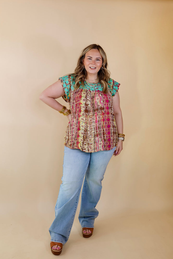 Festival Weather Turquoise Embroidered Tribal Print Top with Ruffle Cap Sleeves in Olive Green Mix - Giddy Up Glamour Boutique