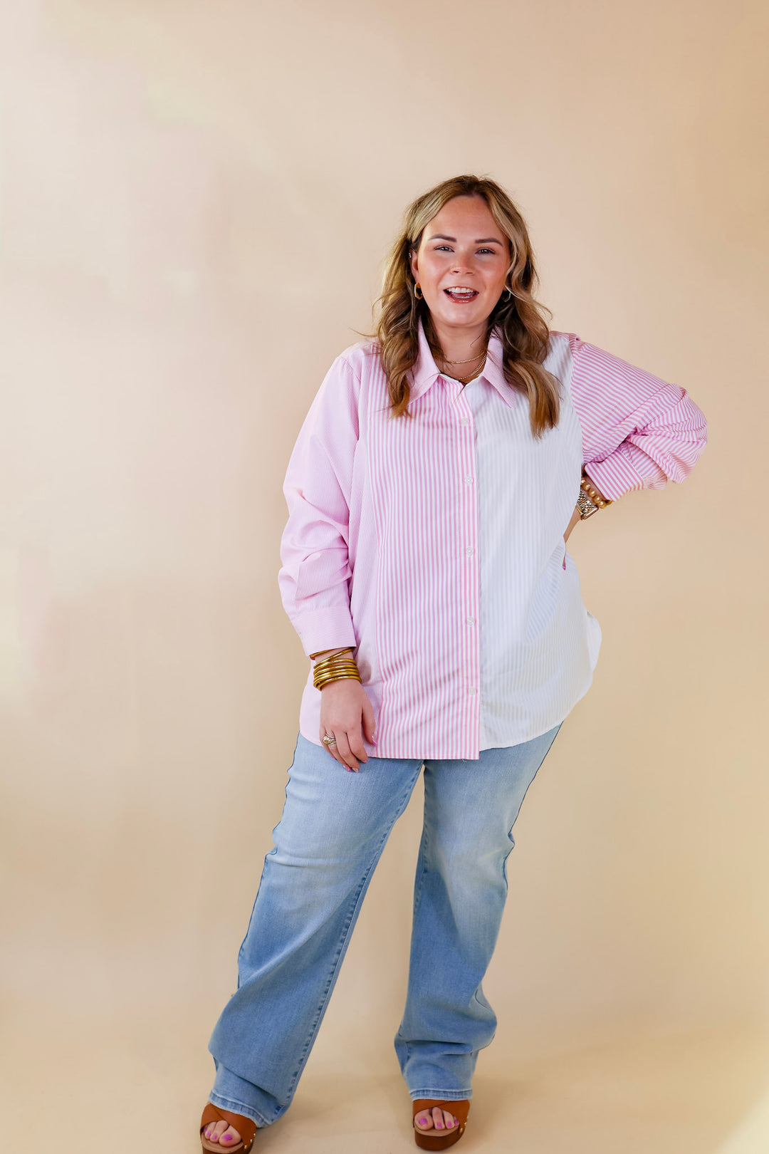Back To You Pin Stripe Color Block Button Up Top in Pink and White - Giddy Up Glamour Boutique