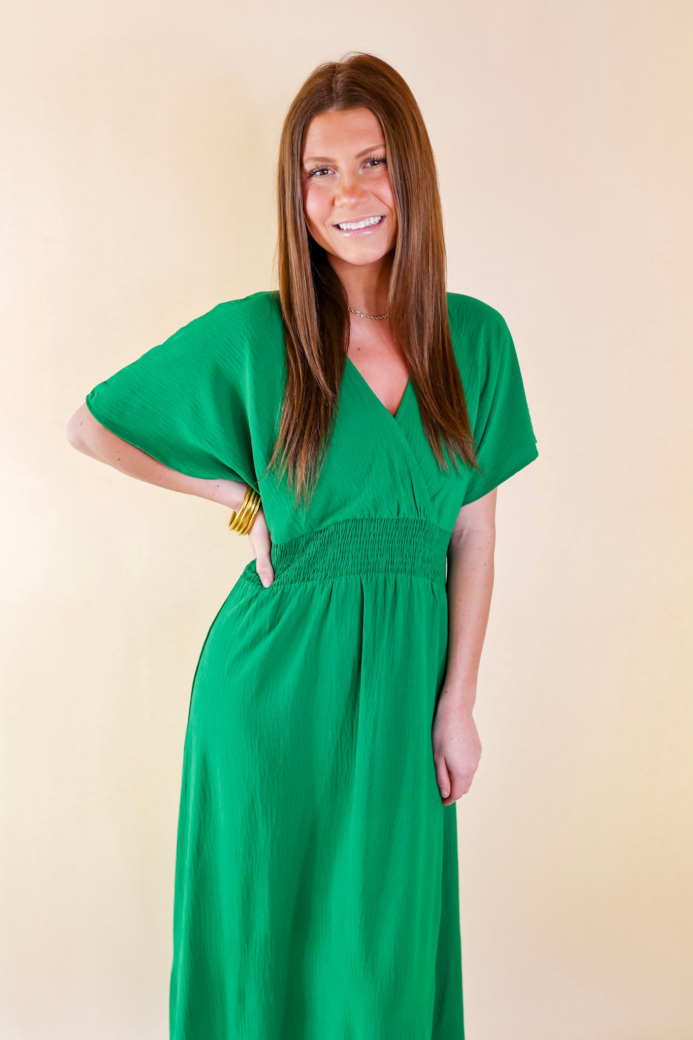Wildly In Love V Neck Maxi Dress with Smocked Waist in Green - Giddy Up Glamour Boutique
