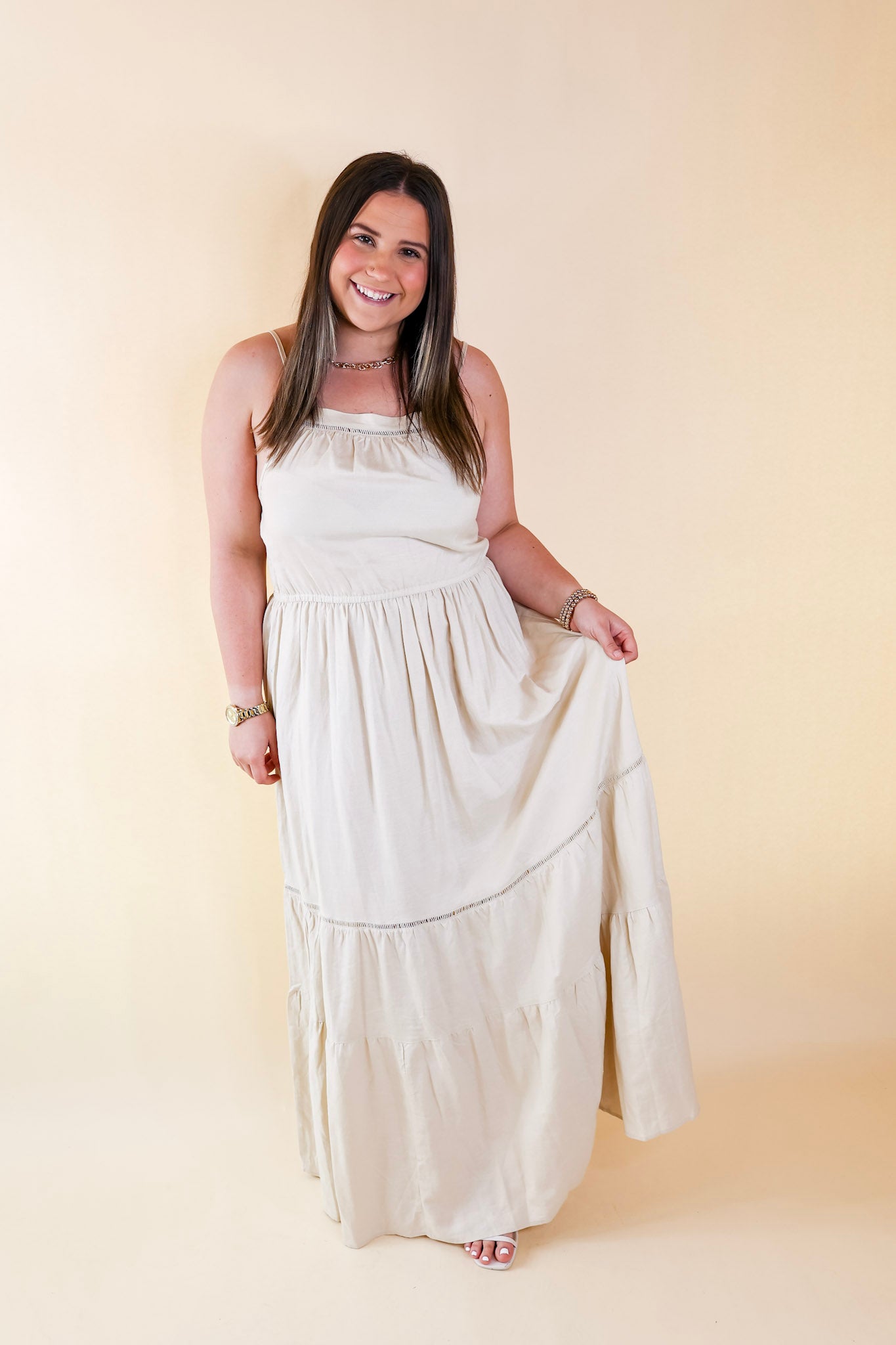Tranquil Tides Tiered Maxi Dress in Cream - Giddy Up Glamour Boutique