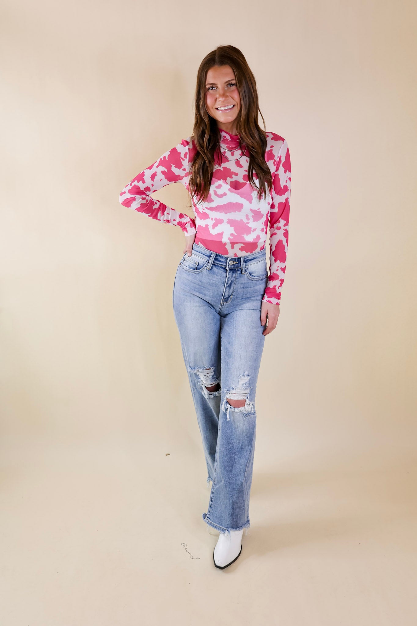Try Your Luck Cow Print Mesh Long Sleeve Bodysuit in Pink - Giddy Up Glamour Boutique