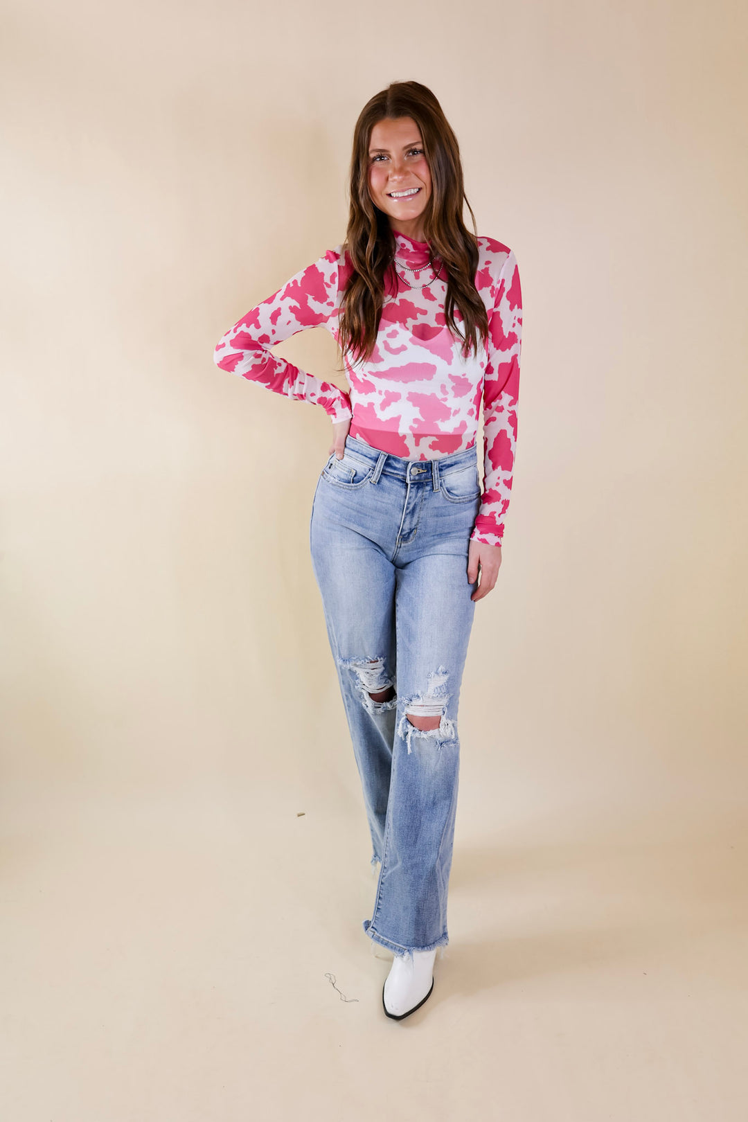 Try Your Luck Cow Print Mesh Long Sleeve Bodysuit in Pink - Giddy Up Glamour Boutique
