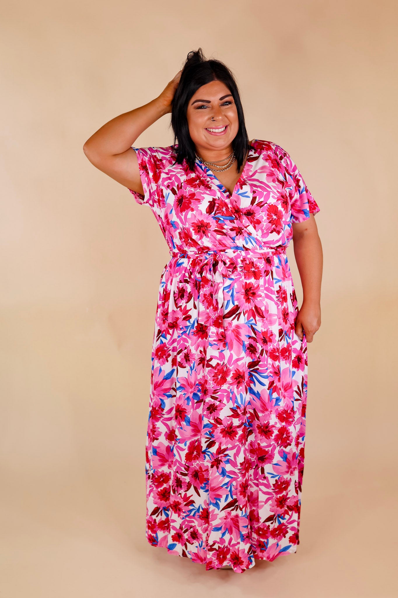 Delightful Dip Floral Maxi Dress with Waist Tie in Pink Mix - Giddy Up Glamour Boutique