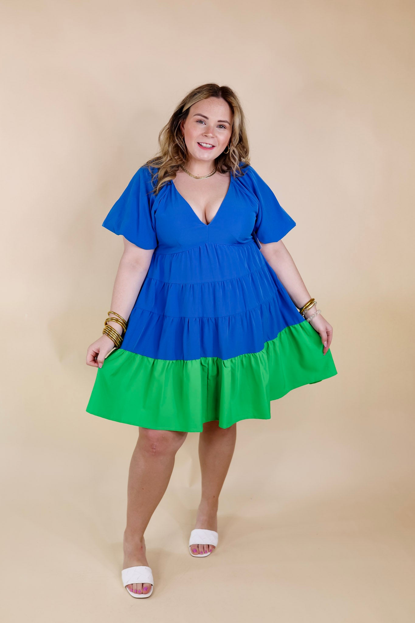 Trendy City Puff Sleeve Tiered Dress with Green Hemline in Blue - Giddy Up Glamour Boutique