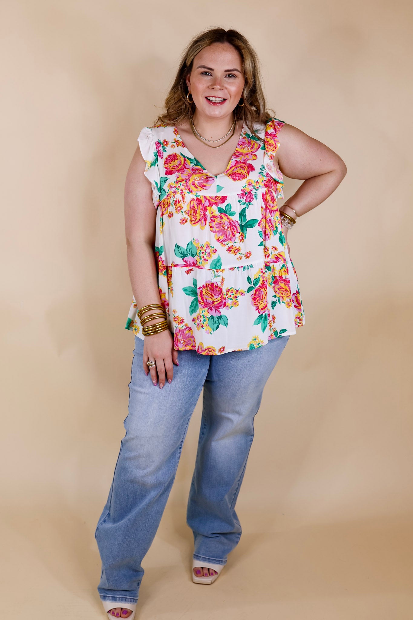 Inspiring Sights Floral V Neck Top with Ruffle Cap Sleeves in White - Giddy Up Glamour Boutique
