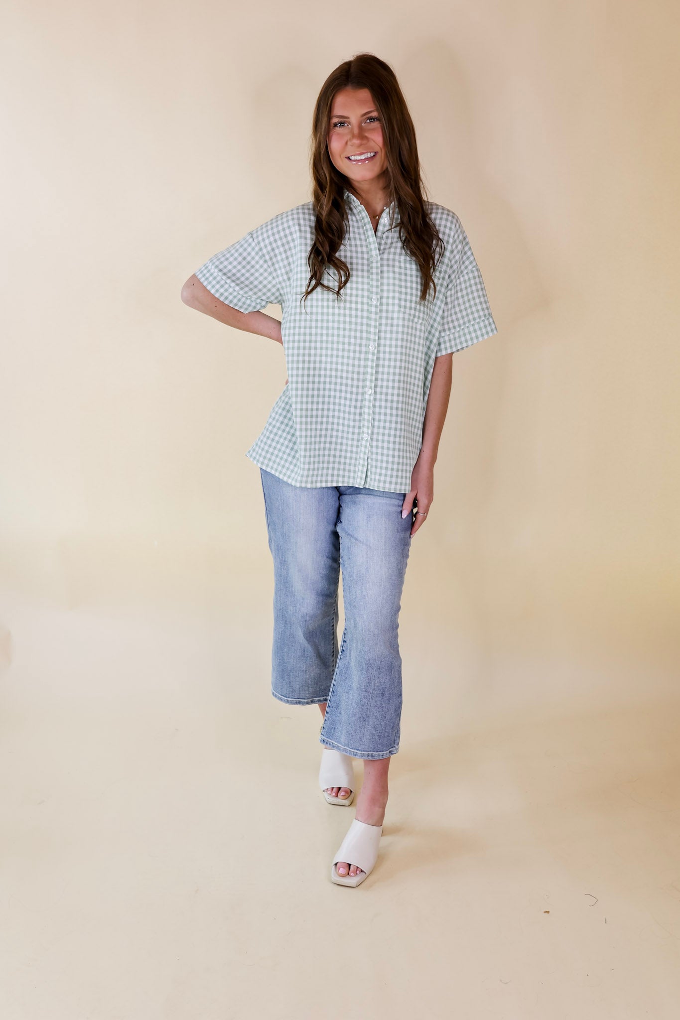 What A Rush Button Up Gingham Short Sleeve Top in Sage Green - Giddy Up Glamour Boutique