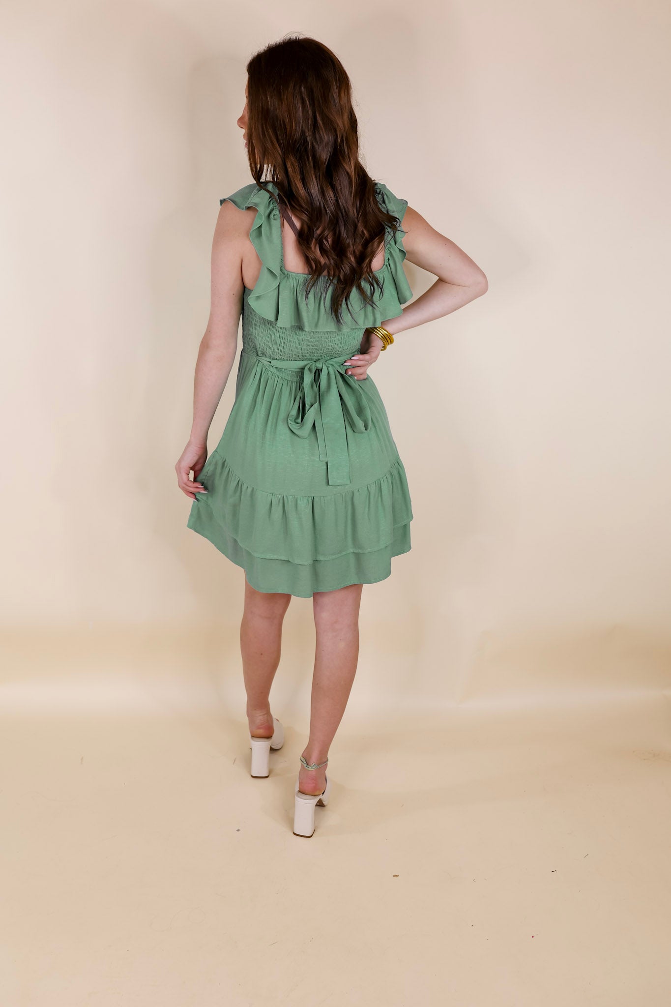 Feeling Refined Ruffle Tiered Dress with Smocked Bodice in Sage Green - Giddy Up Glamour Boutique