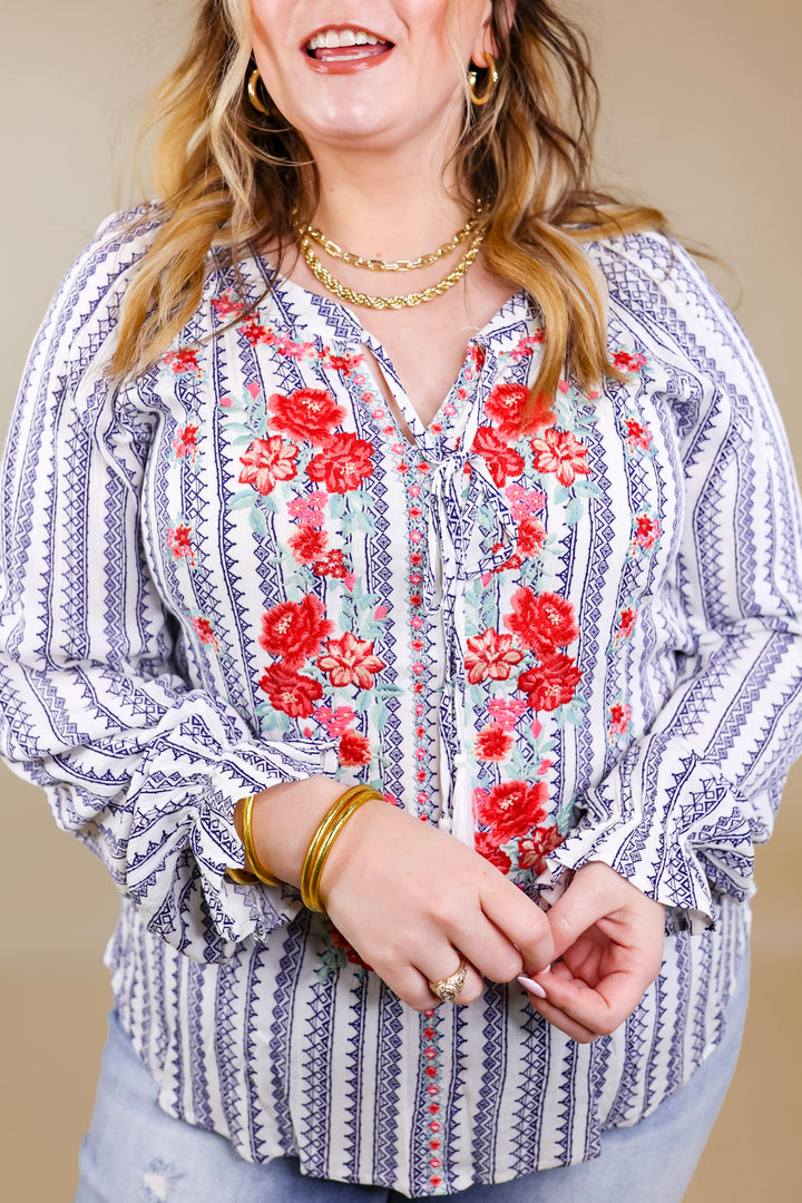 Blissful Beginnings Floral Embroidered Top with Keyhole and Tie Neck in Navy and White - Giddy Up Glamour Boutique