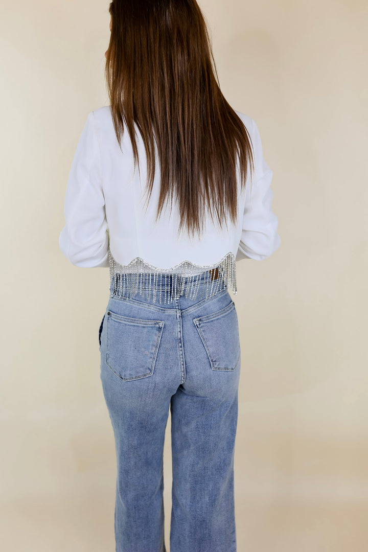 Time For Magic Cropped Blazer with Crystal Fringe Trim in White - Giddy Up Glamour Boutique