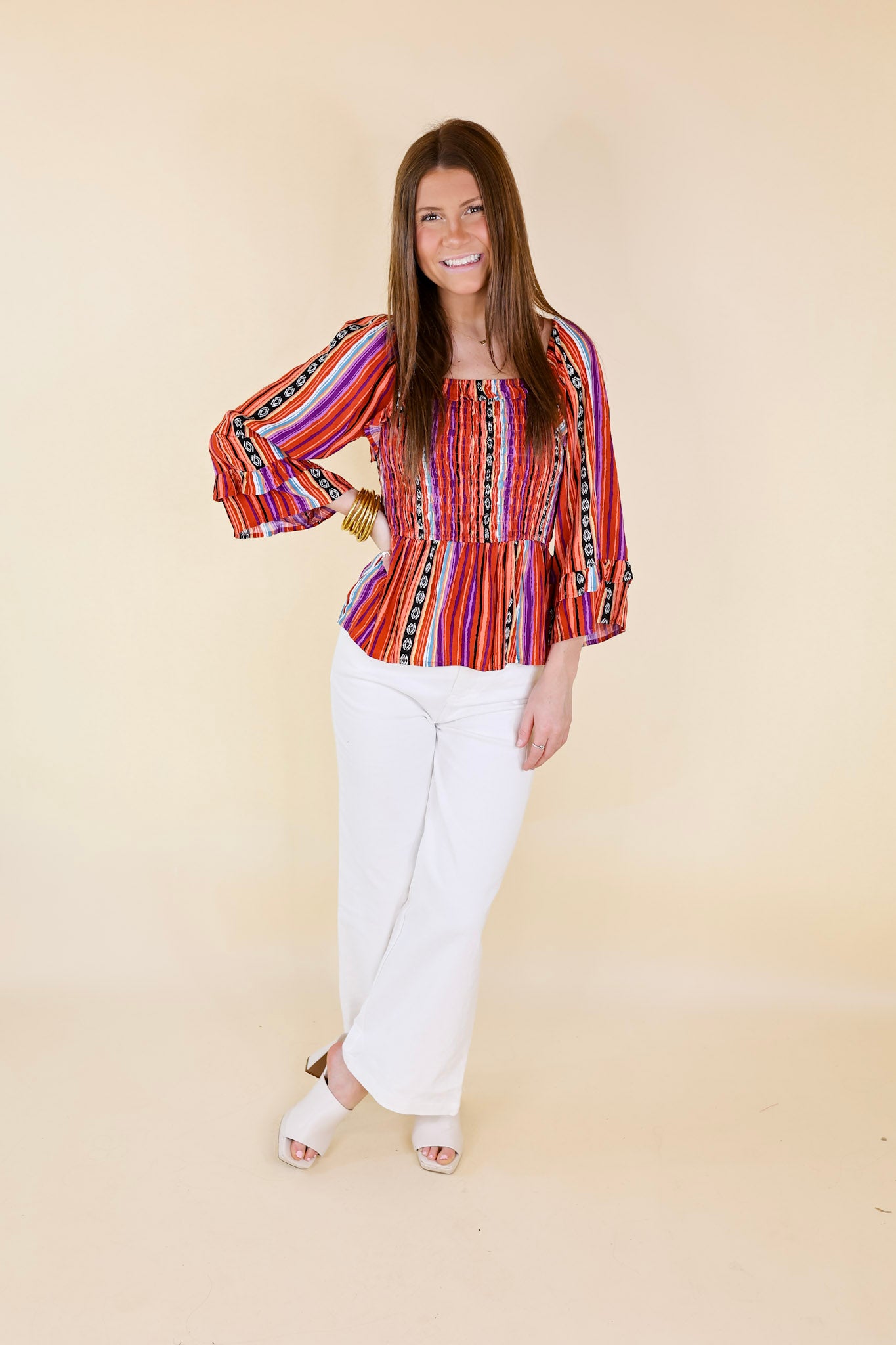 Blissful Break Serape Print Peplum Top with Smocked Bodice in Rust Orange Mix - Giddy Up Glamour Boutique