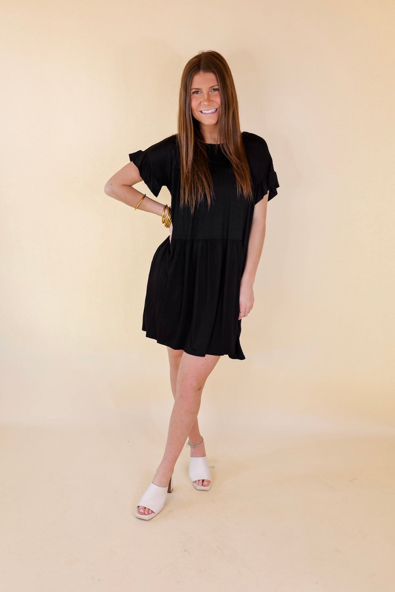 Gorgeous Girly Ruffle Sleeve Tiered Dress in Black - Giddy Up Glamour Boutique