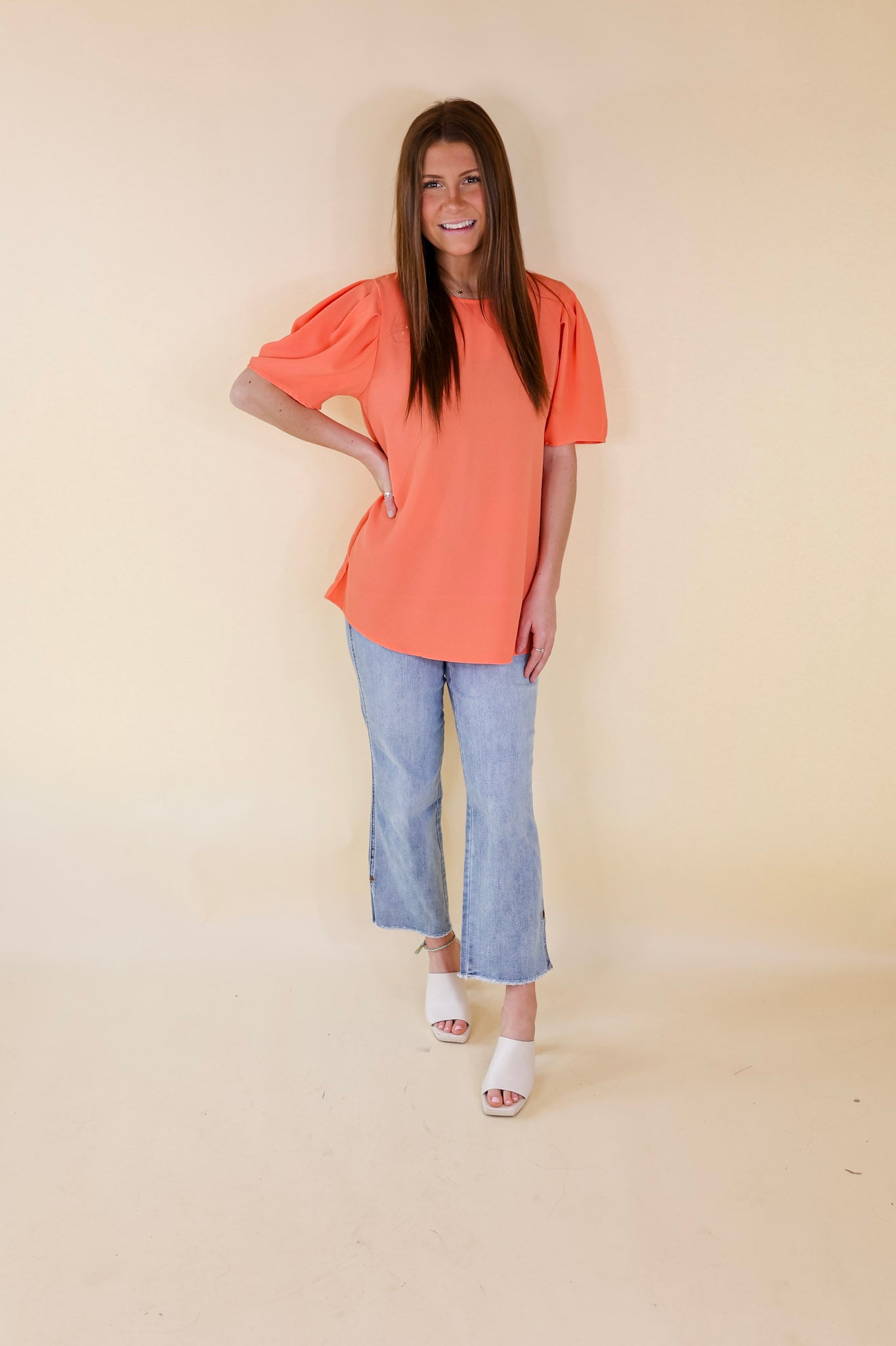 Share The Love Pleated Short Sleeve Top in Coral Orange - Giddy Up Glamour Boutique