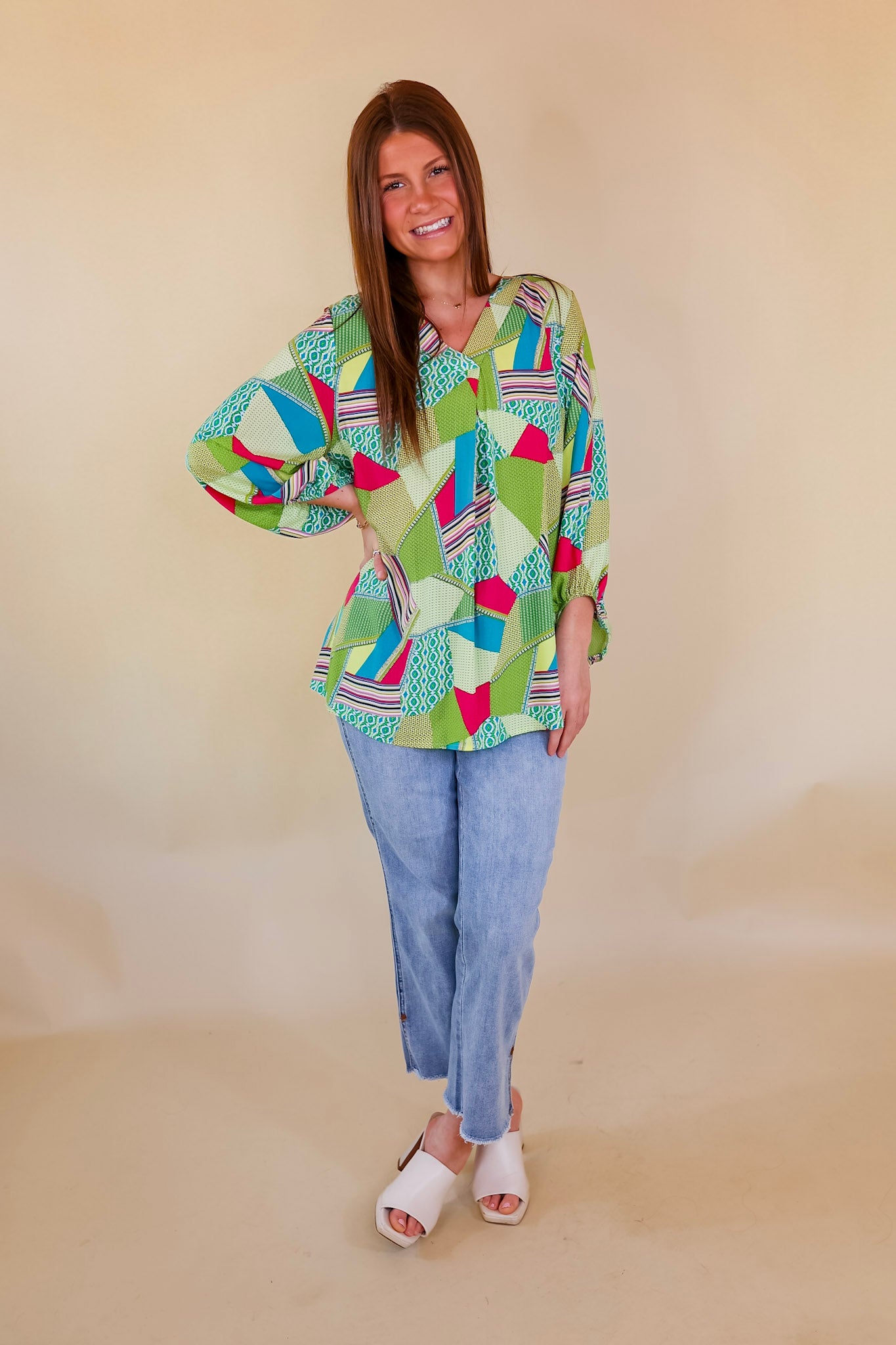 Eyes On Paradise Mix Patch Print Blouse with 3/4 Sleeves in Green Mix - Giddy Up Glamour Boutique