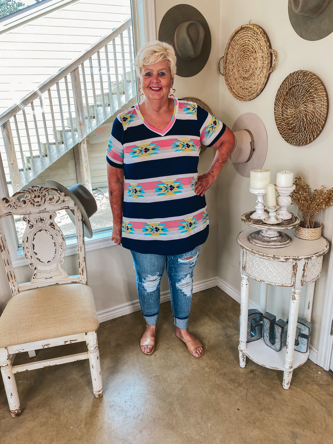Last Chance Size Small & Med. | Keep Things Simple Horizontal Striped Aztec Print V Neck Tee in Navy - Giddy Up Glamour Boutique