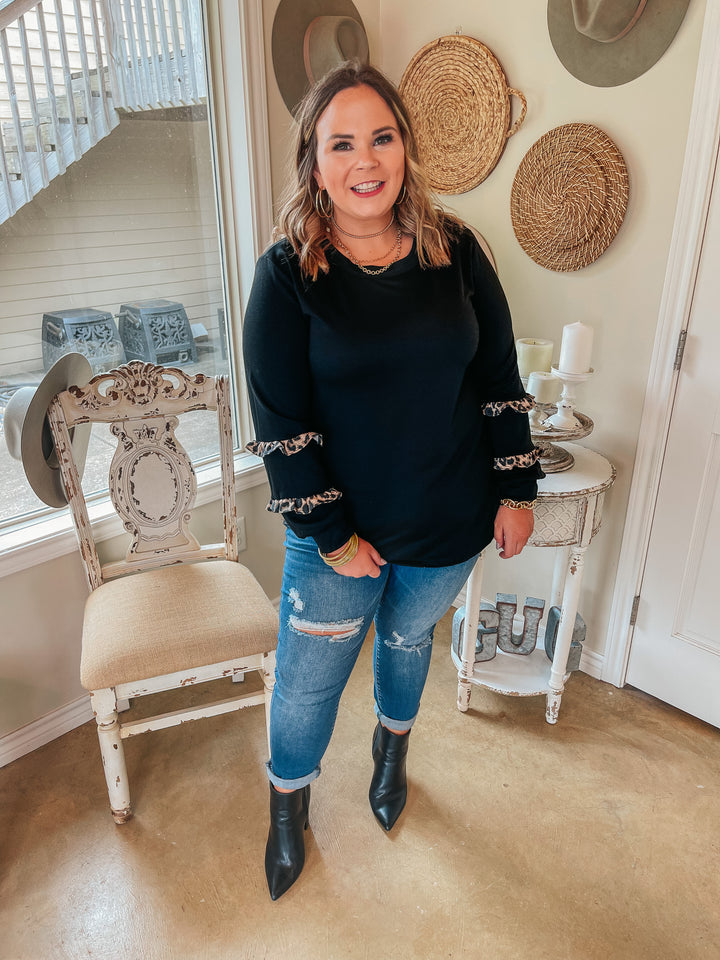 With Me Forever Long Sleeve Top with Leopard Print Ruffle Trim in Black - Giddy Up Glamour Boutique