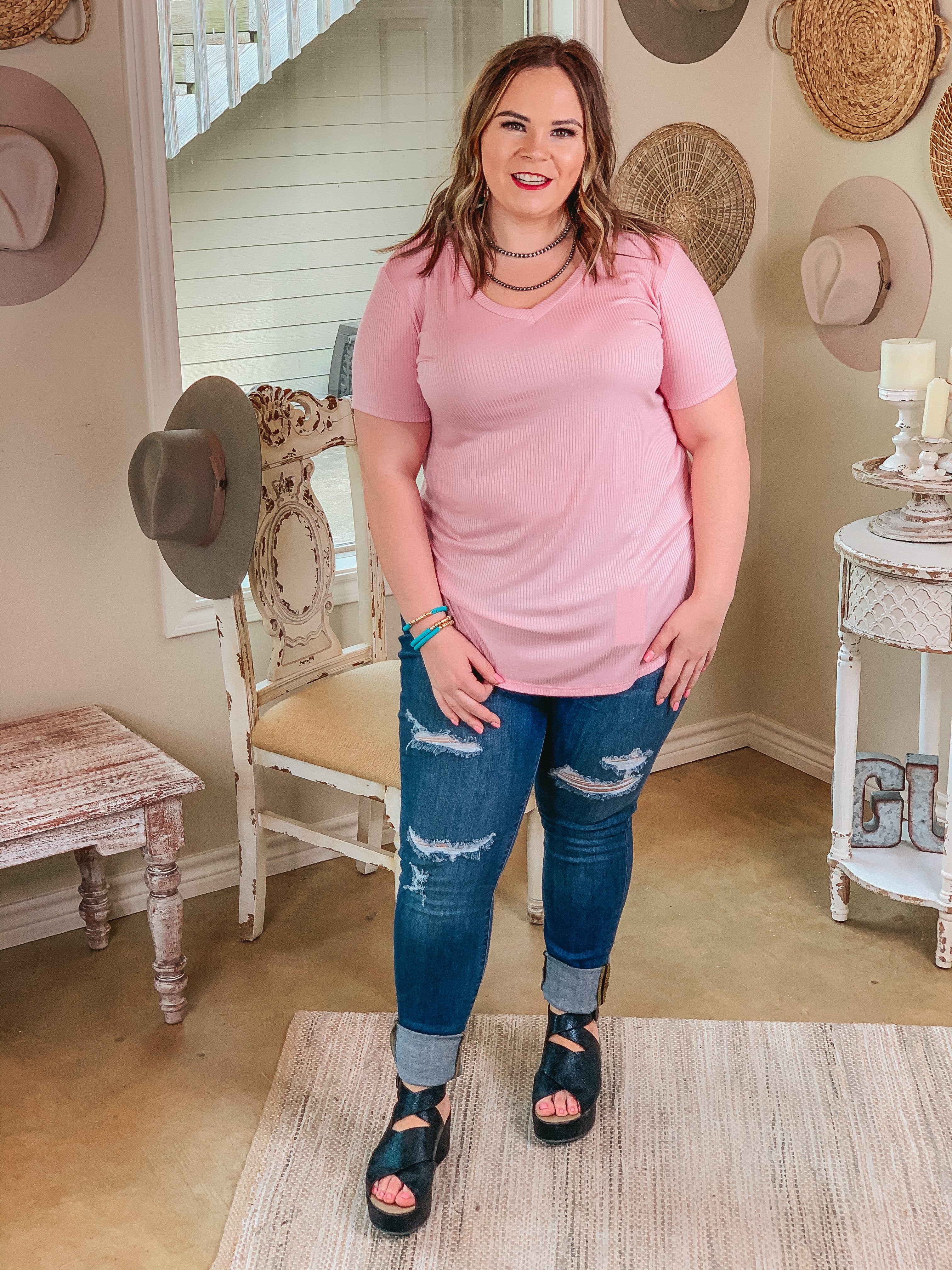 Simply Obsessed Ribbed Short Sleeve V Neck Top in Light Pink - Giddy Up Glamour Boutique