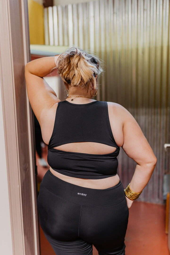 Perfect For Pilates Open Back Tank Top Sports Bra in Black - Giddy Up Glamour Boutique