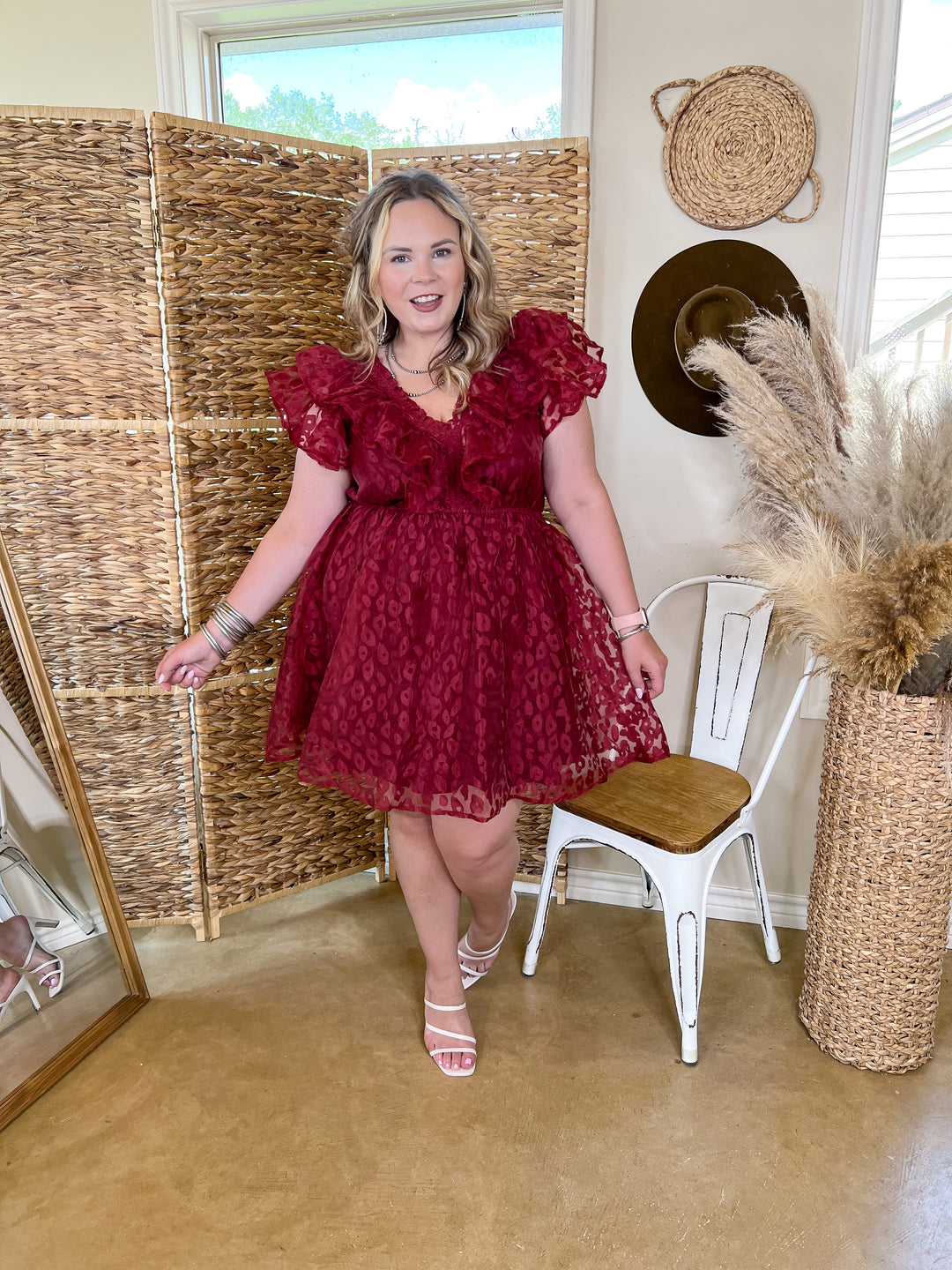 Welcome To Hollywood Sheer Leopard Print Dress with Ruffle Detail in Maroon - Giddy Up Glamour Boutique