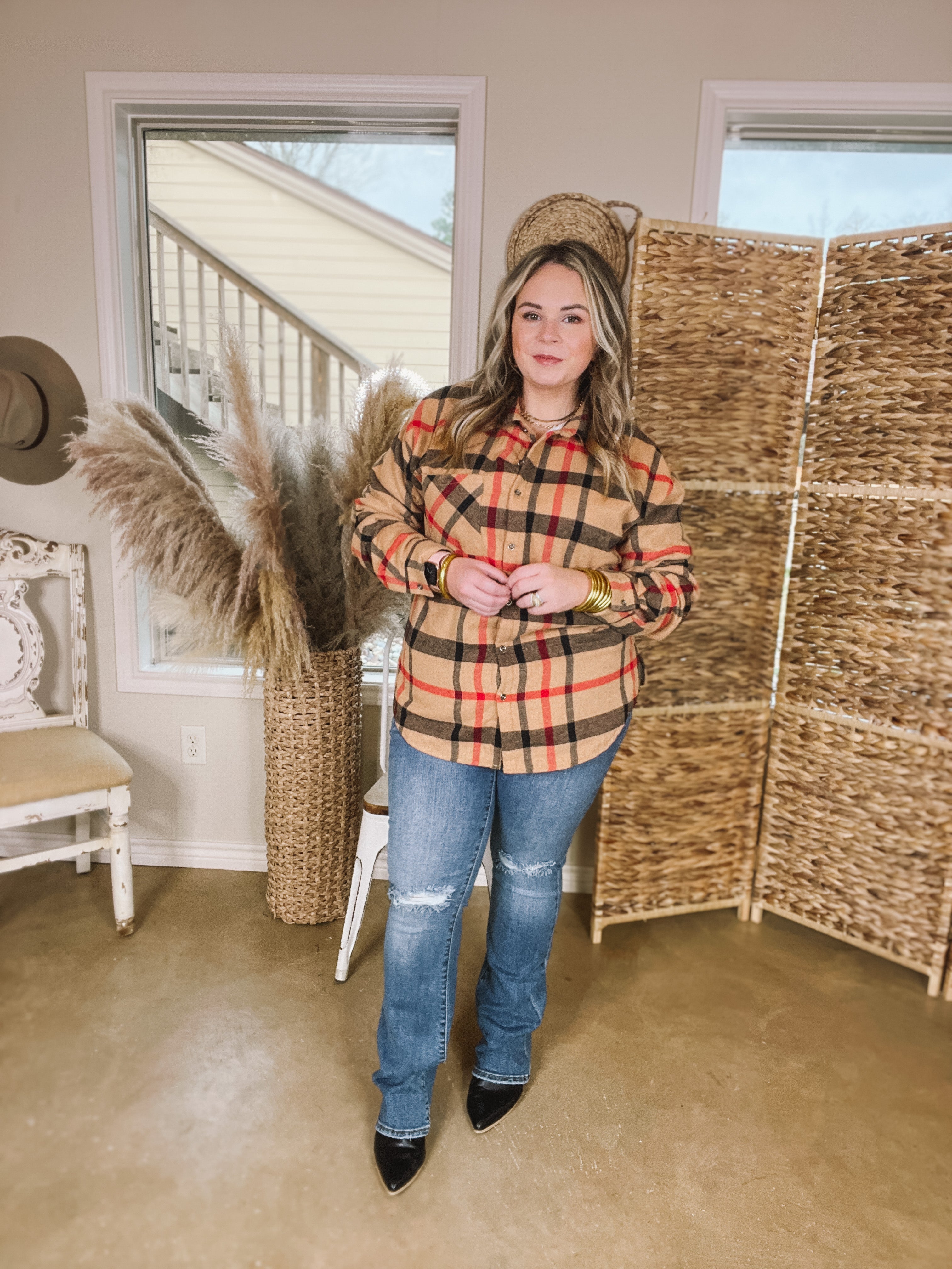 Soft and Dreamy Fur Lined Plaid Flannel Shacket in Tan - Giddy Up Glamour Boutique