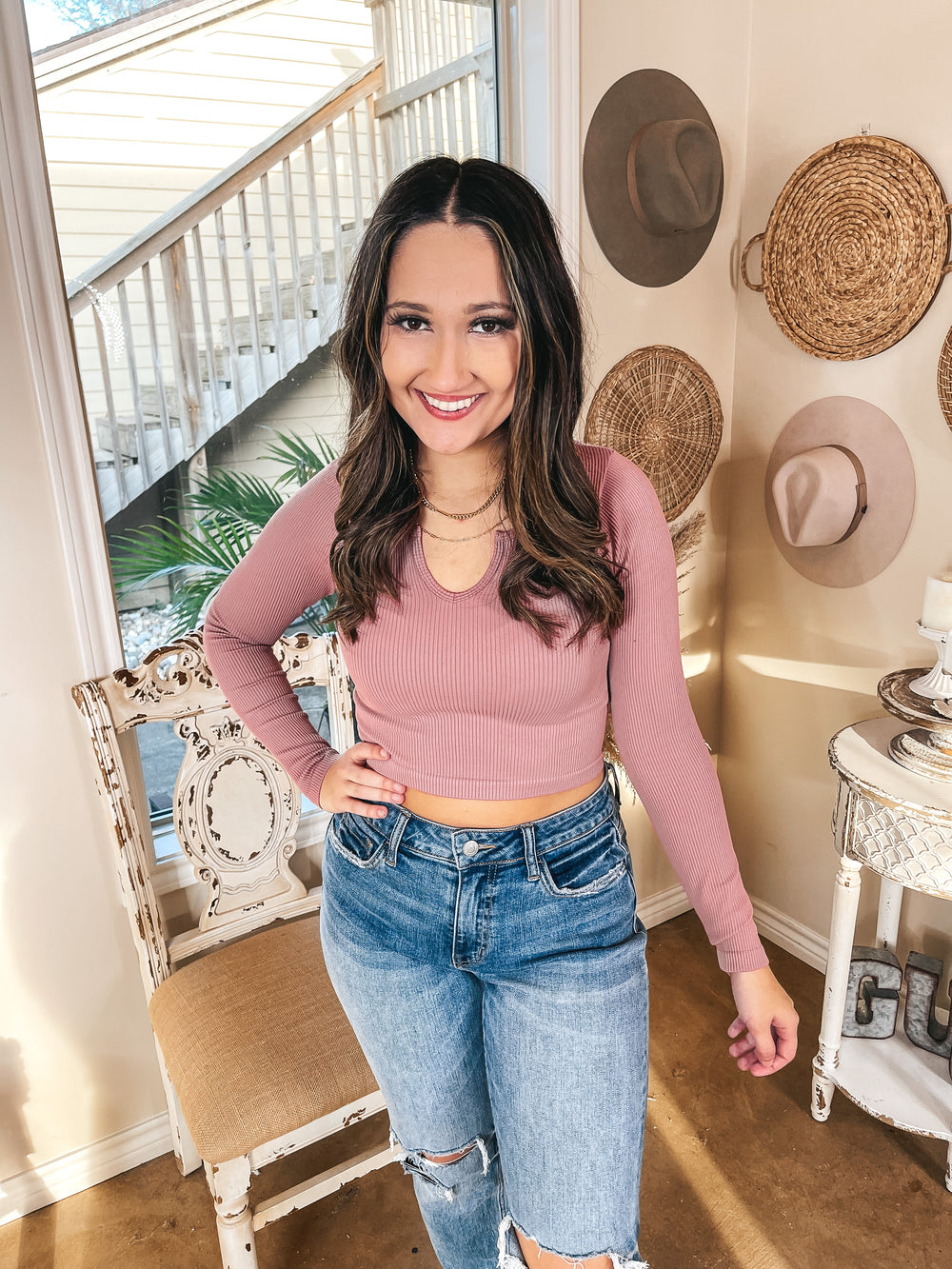 Dream Babe Notched Neckline Crop Long Sleeve Top in Ash Rose - Giddy Up Glamour Boutique