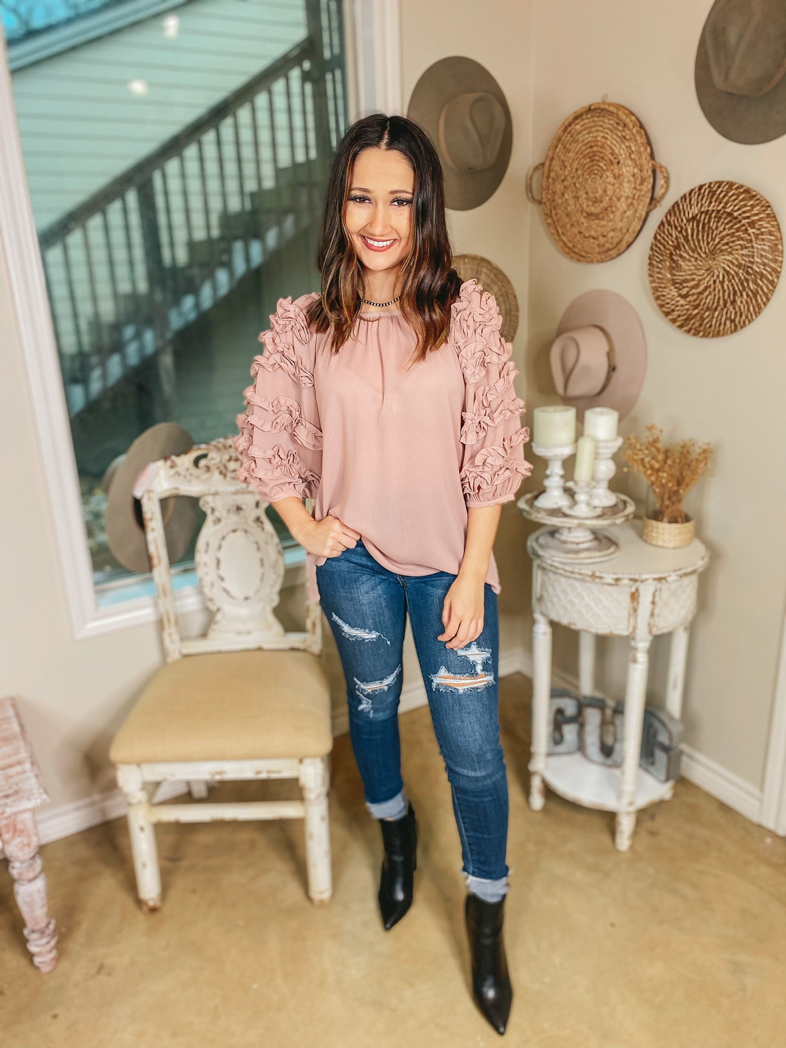 Ruffle My Heart Ruffle 3/4 Sleeve Blouse in Taupe - Giddy Up Glamour Boutique