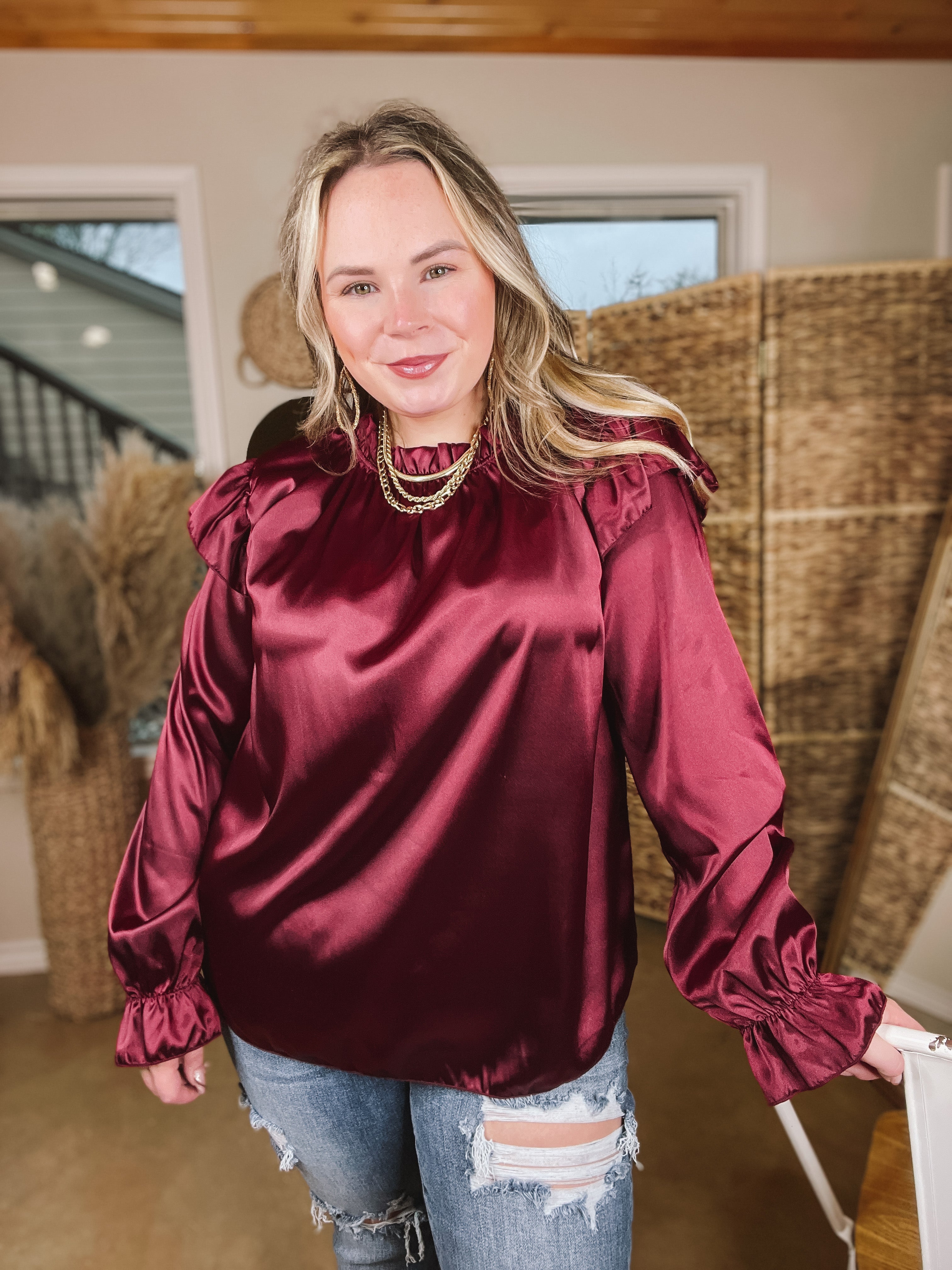 Can't Stop Me Ruffle Mock Neck Long Sleeve Satin Top in Maroon - Giddy Up Glamour Boutique