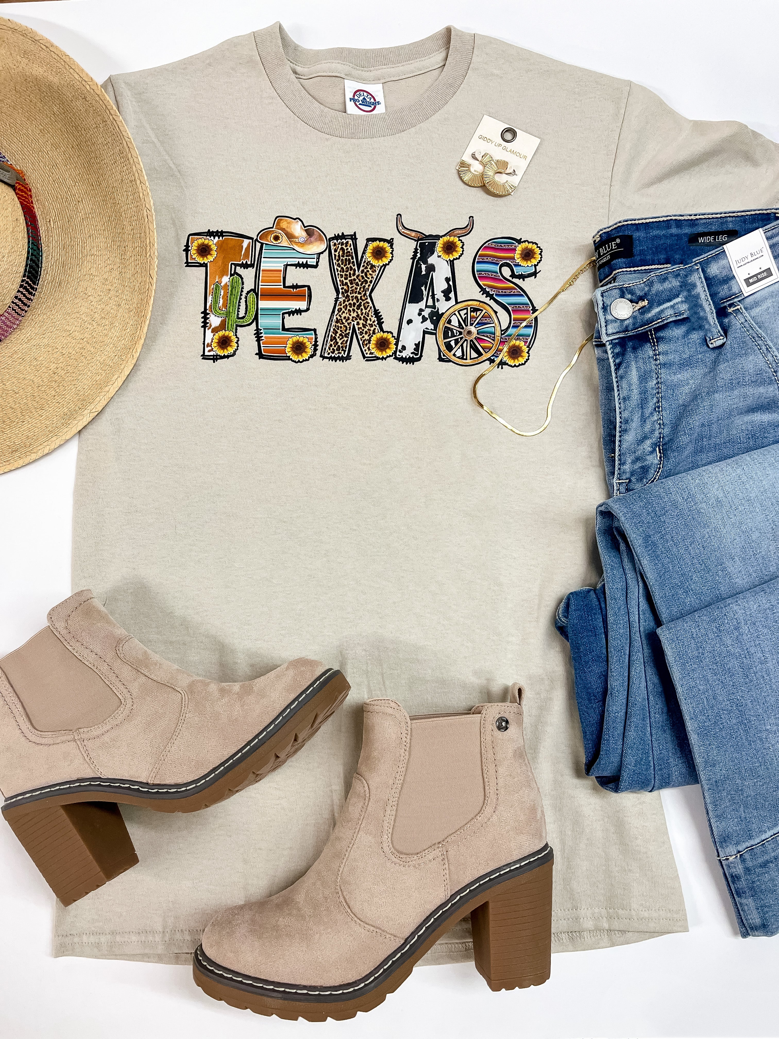 Texas Mix Print Short Sleeve Graphic Tee in Beige - Giddy Up Glamour Boutique