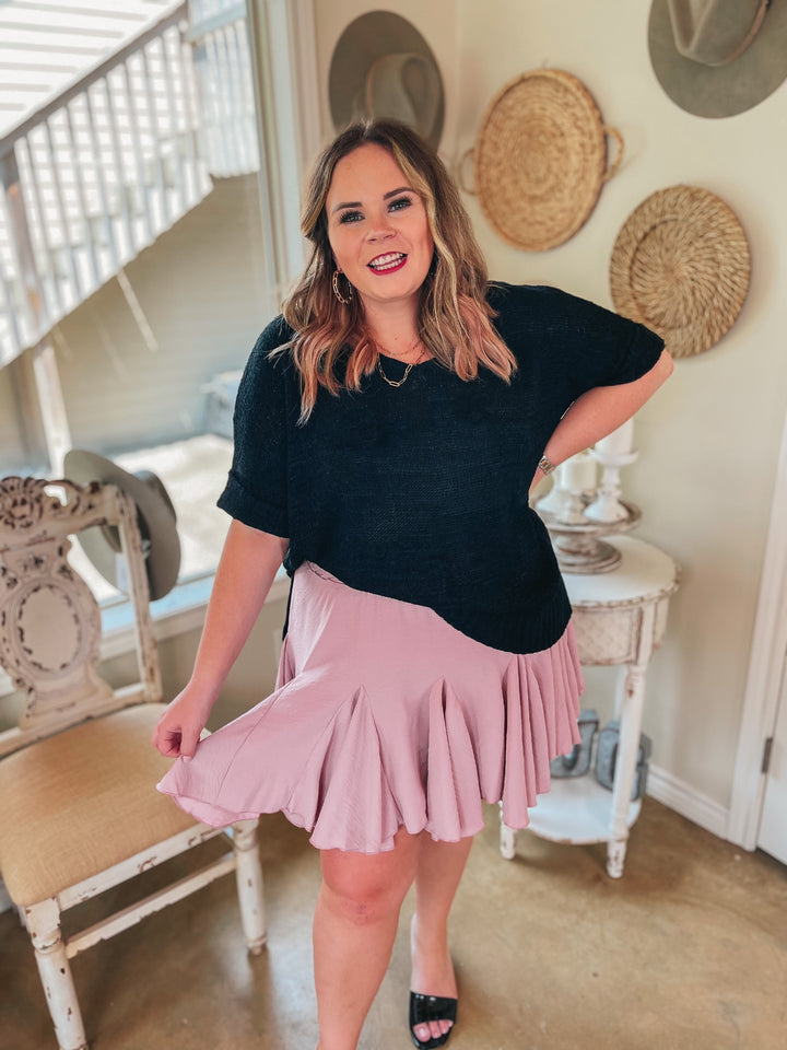 Right Idea Short Drop Sleeve V Neck Knit Sweater in Black - Giddy Up Glamour Boutique