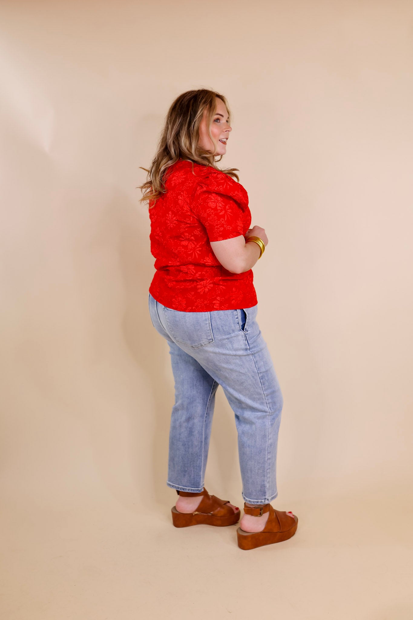 Fab Feeling Puff Shoulder Floral Embossed Top in Red - Giddy Up Glamour Boutique