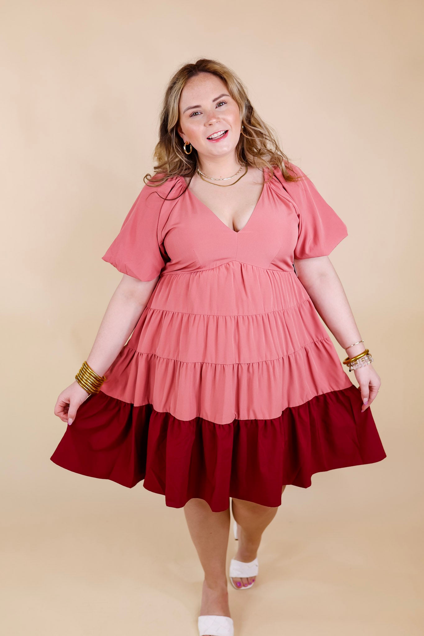 Trendy City Puff Sleeve Tiered Dress with Pink Hemline in Rose Pink - Giddy Up Glamour Boutique