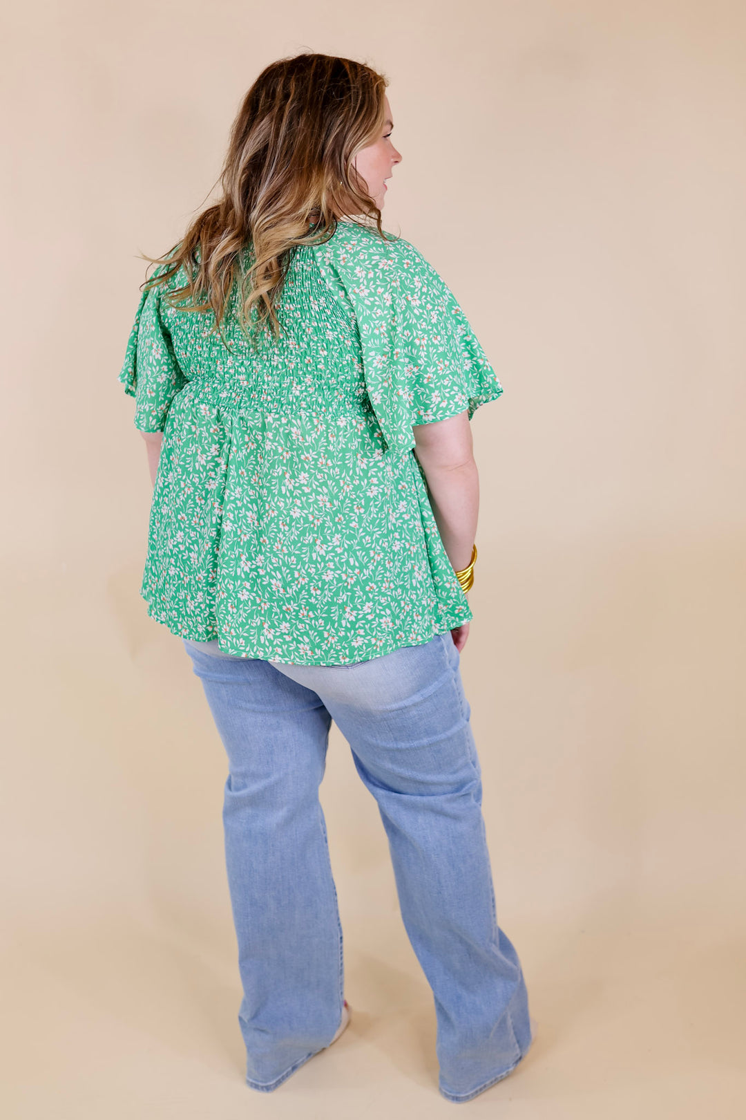 Little Coastal Town Floral Short Sleeve Top with Smocked Bodice in Green - Giddy Up Glamour Boutique