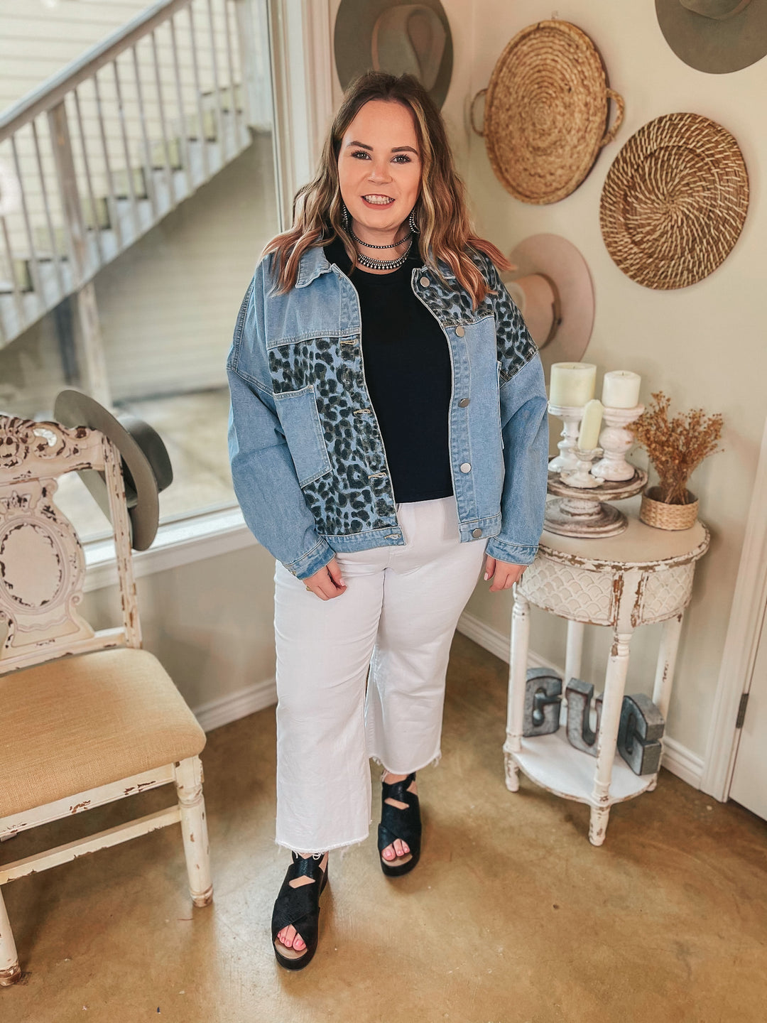 Plus Sizes | Downtown Dallas Large Pocket Leopard Mix Denim Jacket in Light Wash - Giddy Up Glamour Boutique