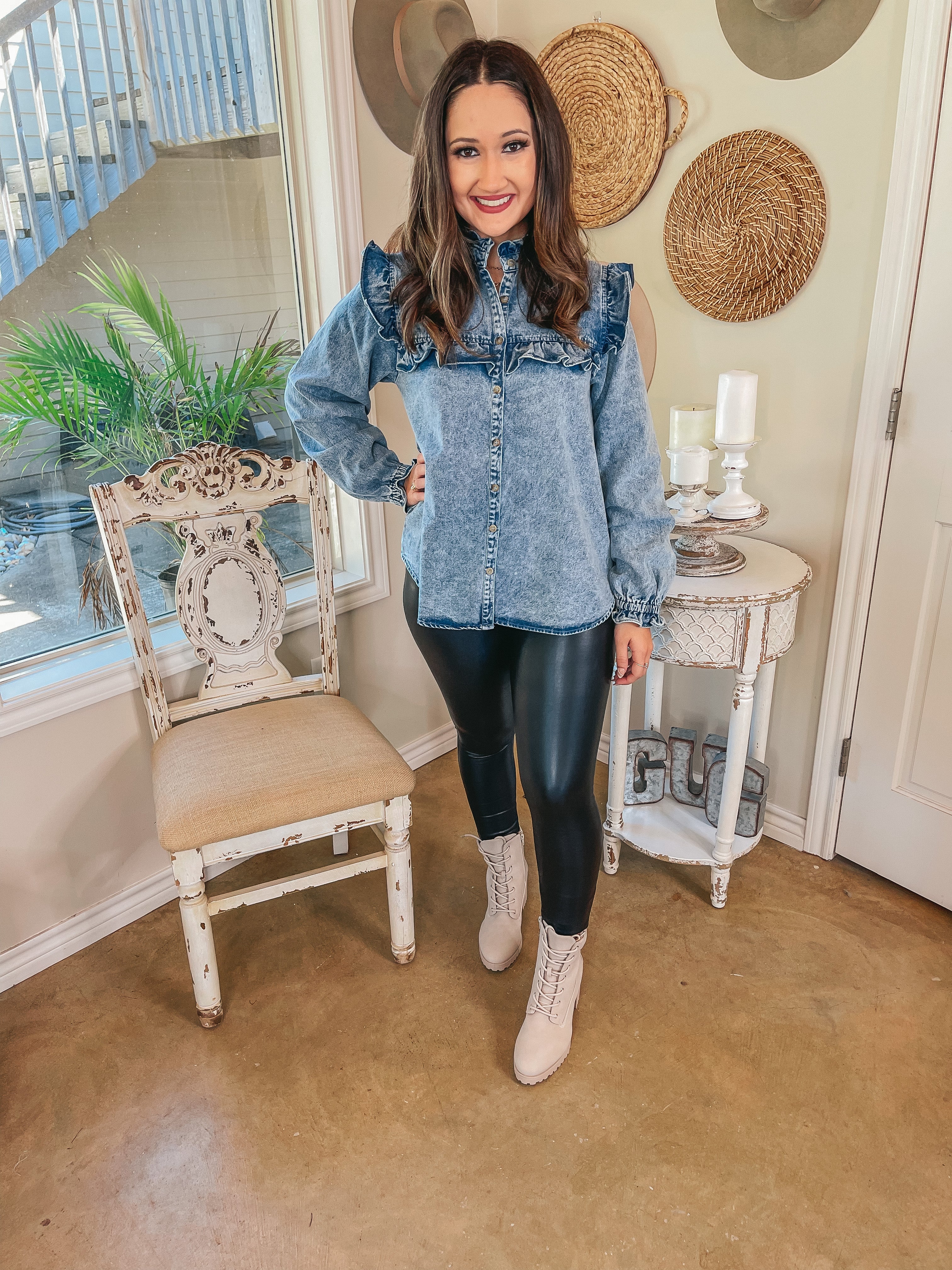 Full of Affection Ruffle Detail Button Up Long Sleeve Denim Top in Light Wash - Giddy Up Glamour Boutique