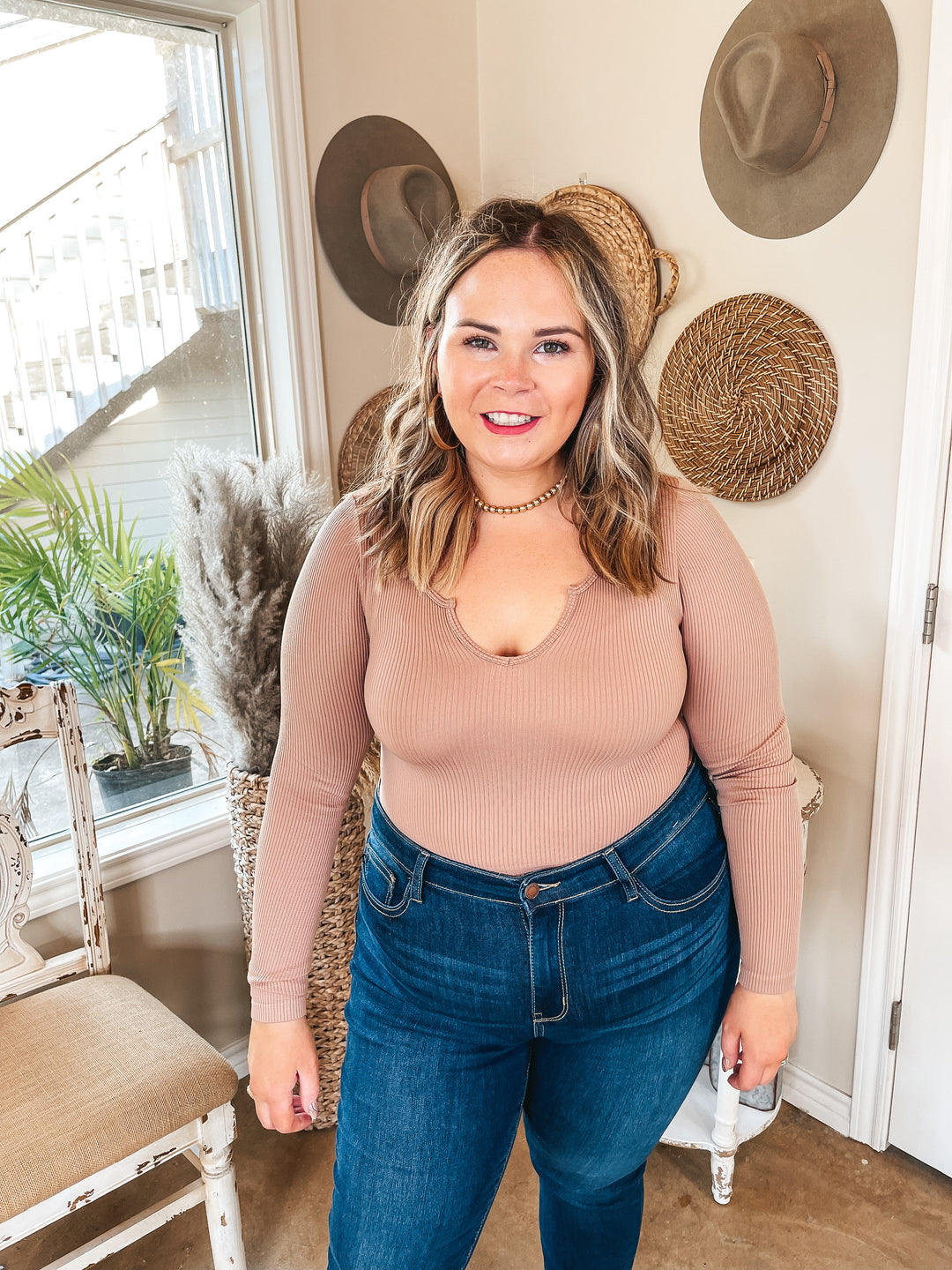 Dream Babe Notched Neckline Crop Long Sleeve Top in Nude - Giddy Up Glamour Boutique