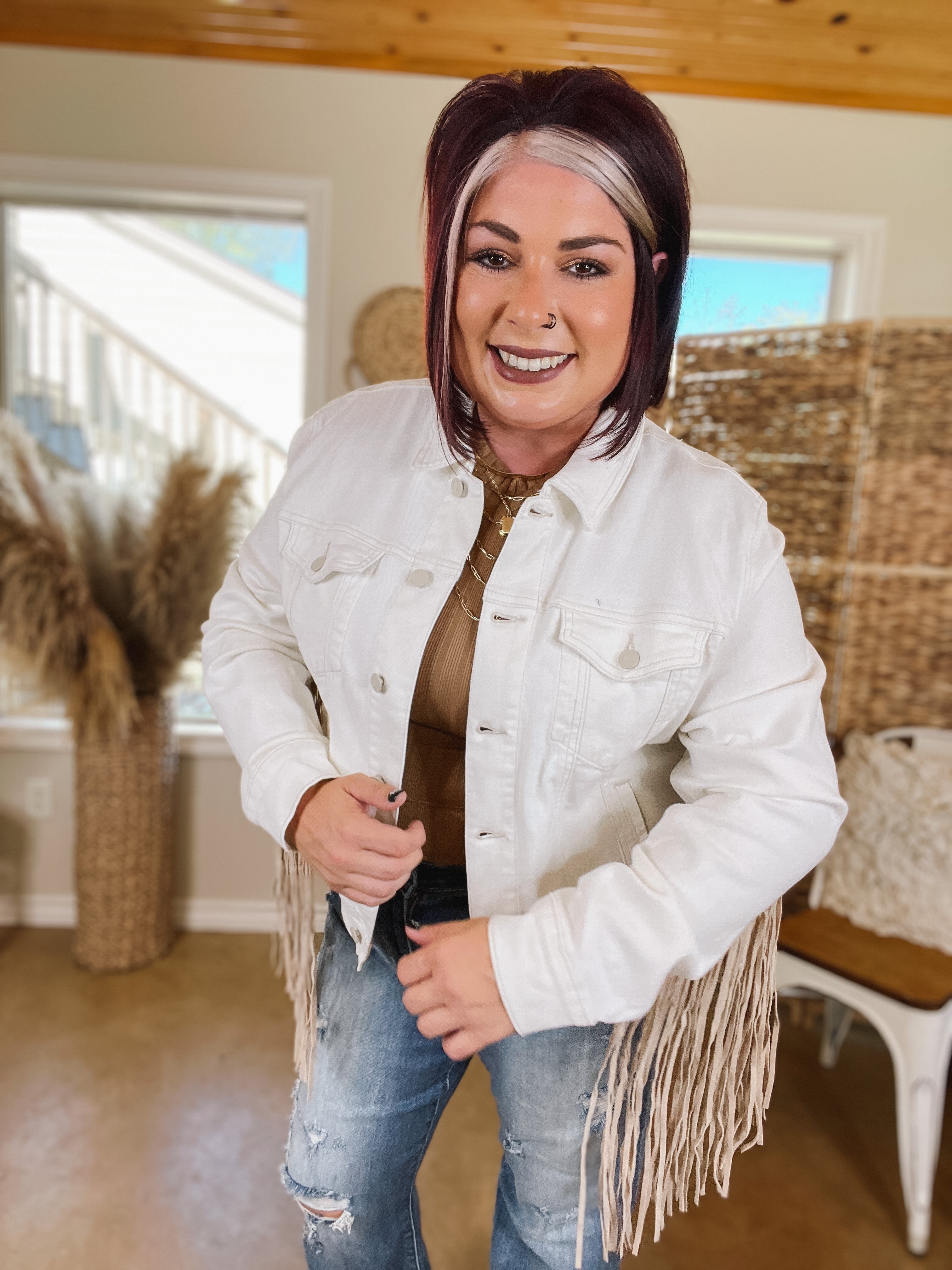 Judy Blue | Living For Love Button Up Denim Jacket with Fringe in White - Giddy Up Glamour Boutique