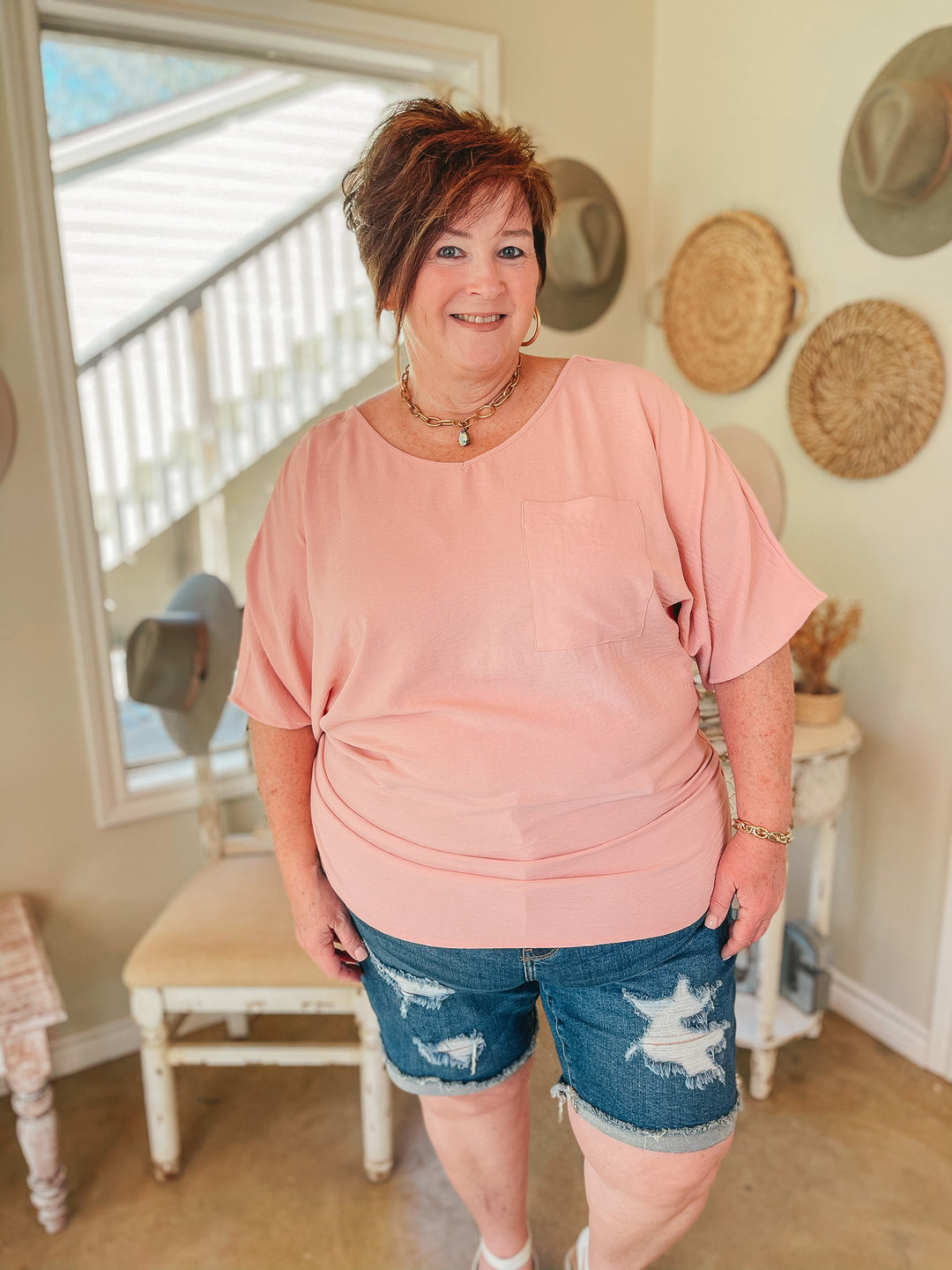 On Record V Neck Short Sleeve Shift Top with Front Pocket in Baby Pink - Giddy Up Glamour Boutique