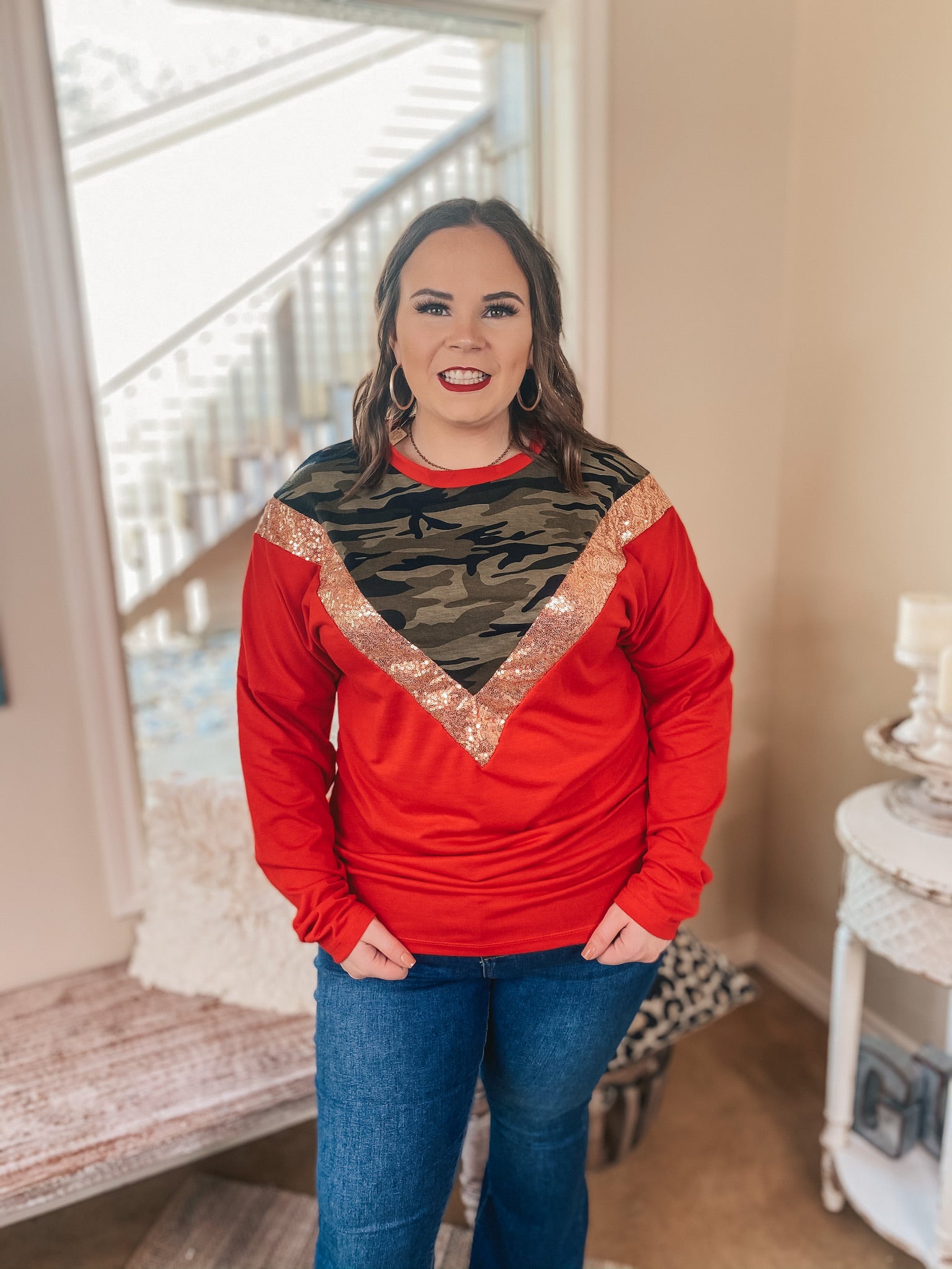 A Sparkly Mindset Camouflage and Sequin Color Block Top in Red