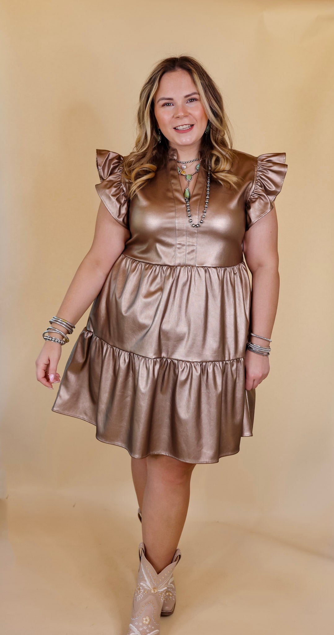Magnolia Morning Ruffle Cap Sleeve Faux Leather Short Dress in Metallic Bronze - Giddy Up Glamour Boutique